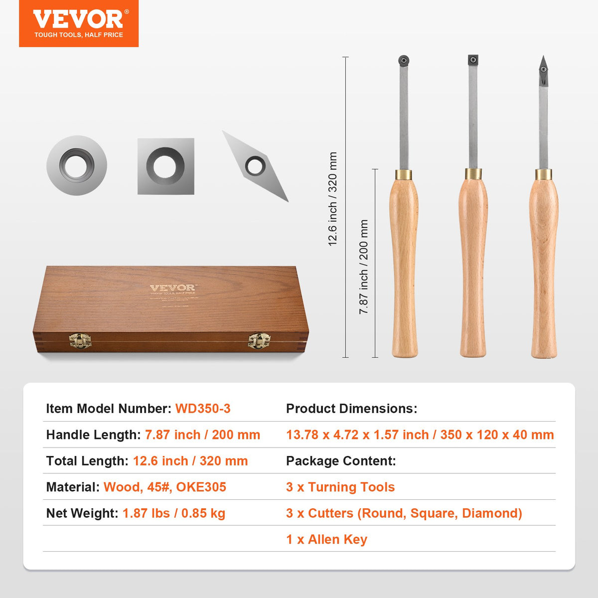 Wood Lathe Chisel Set, 3 PCS Woodworking Turning Tools, Includes Square, Round, Diamond Carbide Blades, 20 cm V952-MBMGCD3JYTSFY1V1VV0