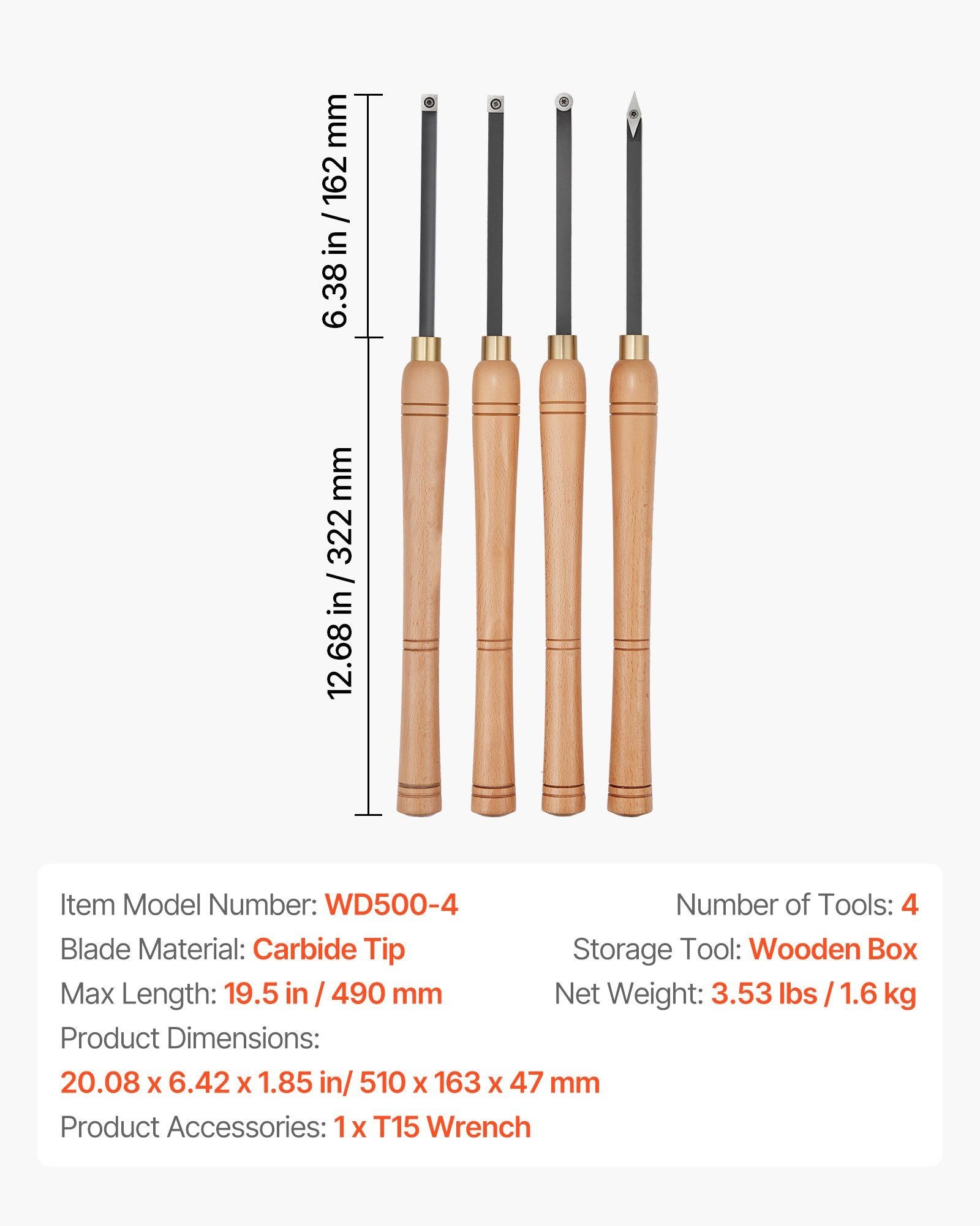 Wood Lathe Turning Tool Set, 4PCS, Lathe Roughing Finishing and Detailing Hollow Tool with Wooden Handle, V952-MBMGCDYTSYDPUN4IX001V0
