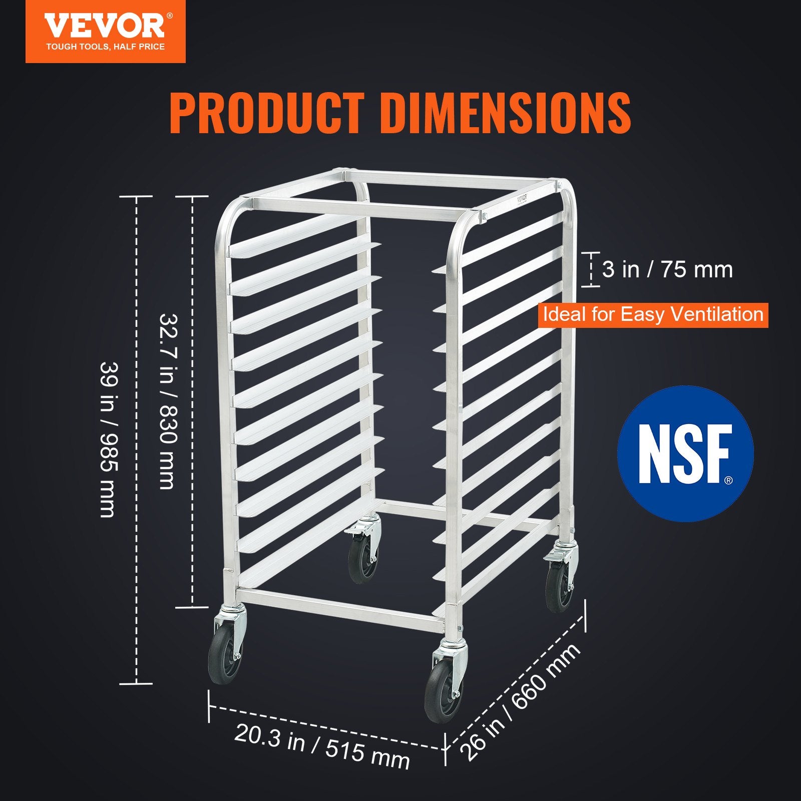 Bun Pan Rack, 10-Tier Commercial Bakery Racks with Brake Wheels, Aluminum Racking Trolley Storage for Half & V952-MBPJLZCCHC1058T4RV0