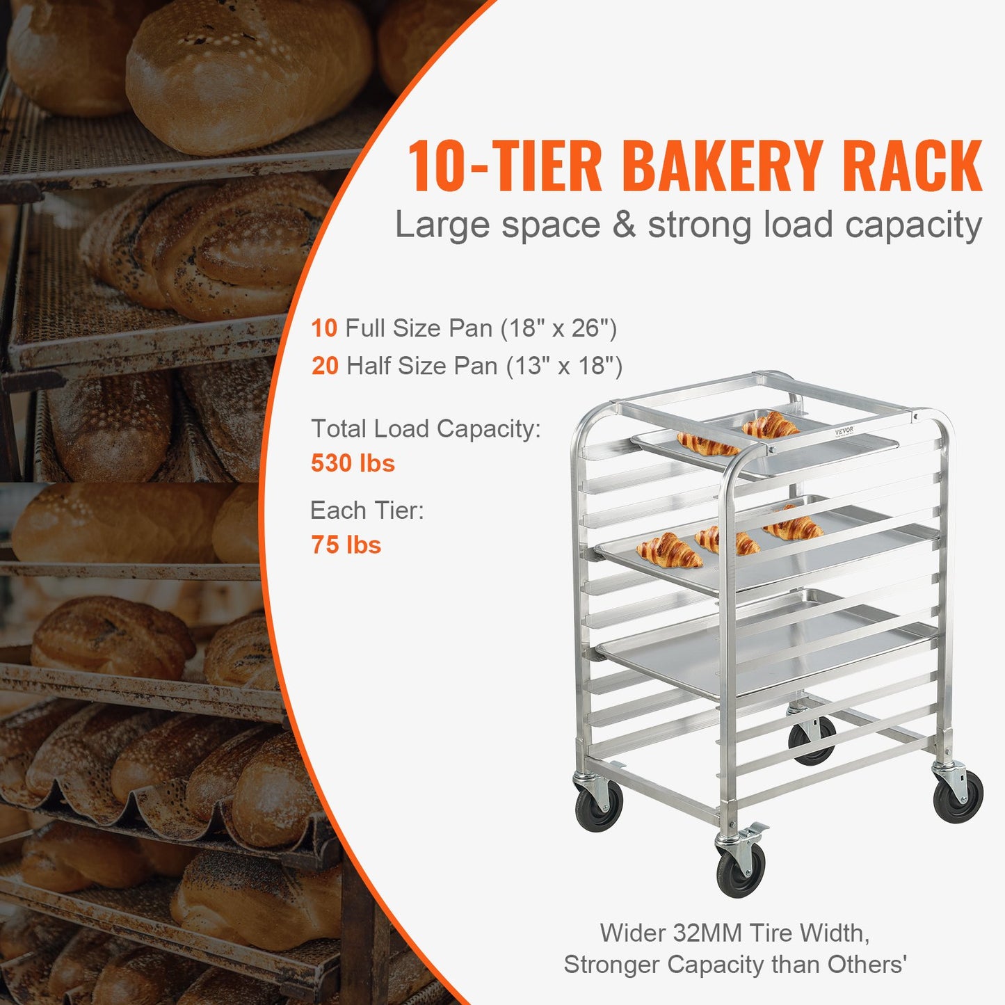 Bun Pan Rack, 10-Tier Commercial Bakery Racks with Brake Wheels, Aluminum Racking Trolley Storage for Half & V952-MBPJLZCCHC1058T4RV0