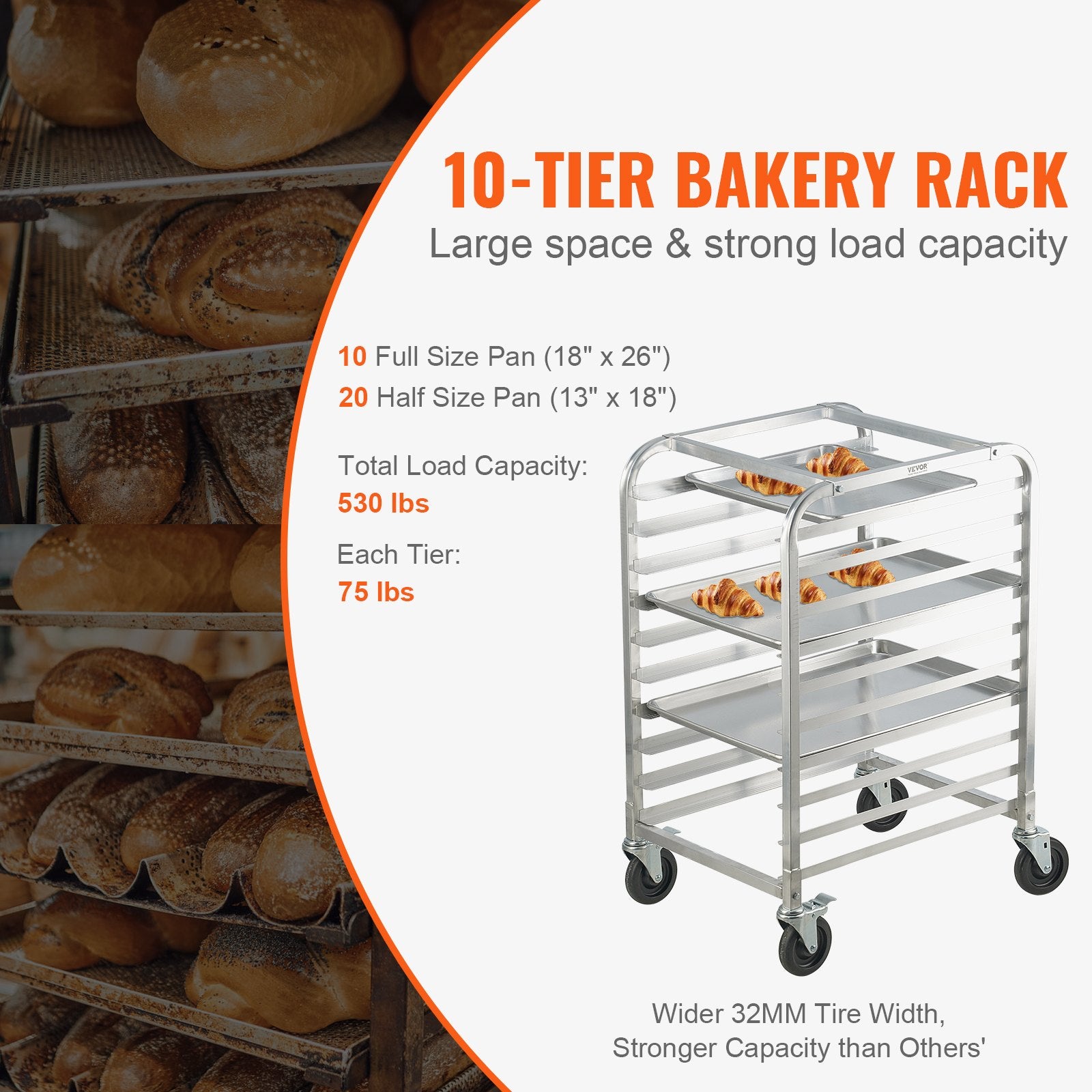 Bun Pan Rack, 10-Tier Commercial Bakery Racks with Brake Wheels, Aluminum Racking Trolley Storage for Half & V952-MBPJLZCCHC1058T4RV0