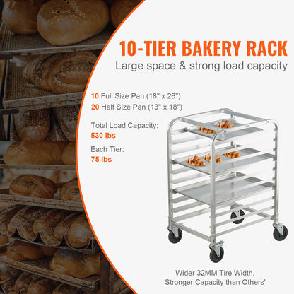 Bun Pan Rack, 10-Tier Commercial Bakery Racks with Brake Wheels, Aluminum Racking Trolley Storage for Half & V952-MBPJLZCCHC1058T4RV0