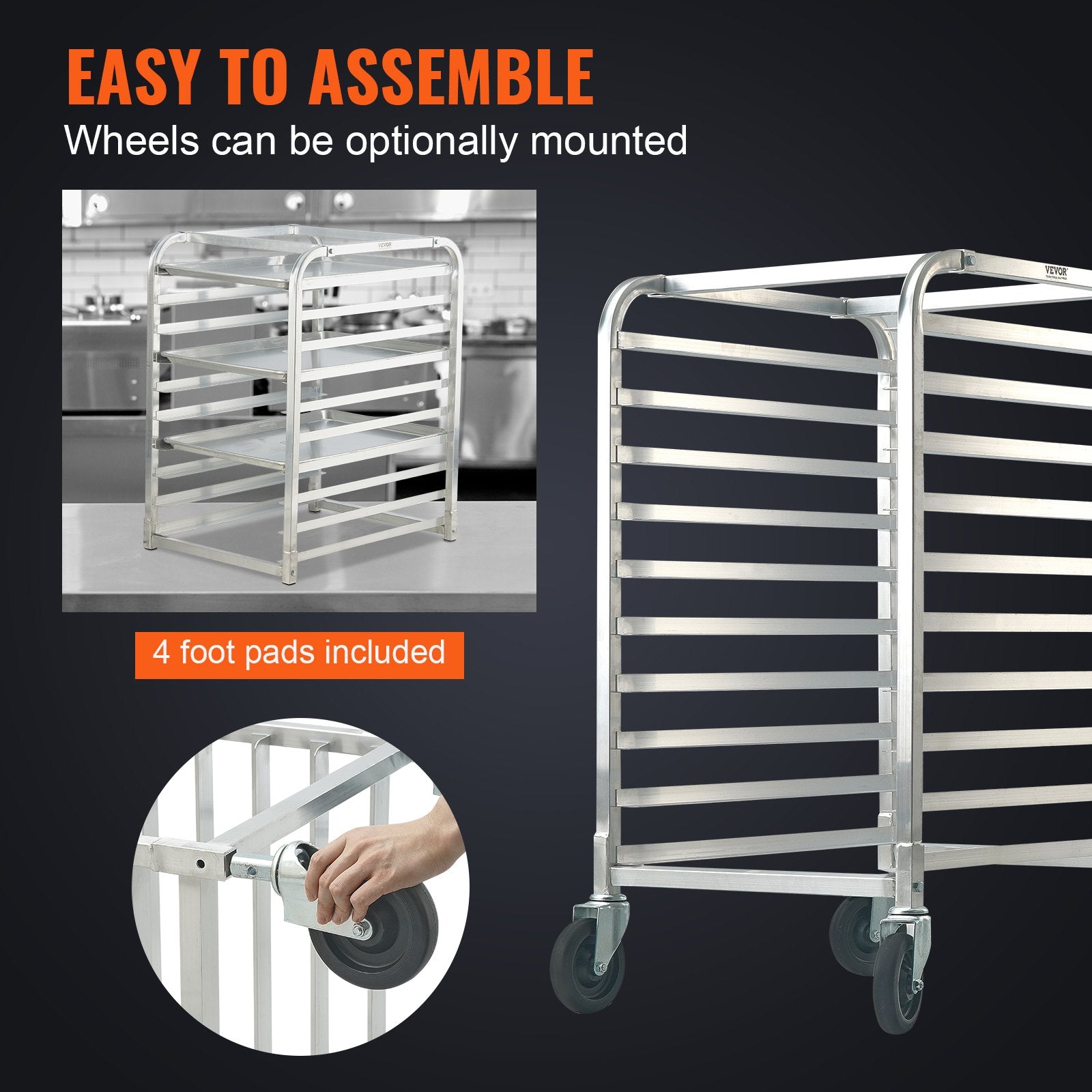 Bun Pan Rack, 10-Tier Commercial Bakery Racks with Brake Wheels, Aluminum Racking Trolley Storage for Half & V952-MBPJLZCCHC1058T4RV0