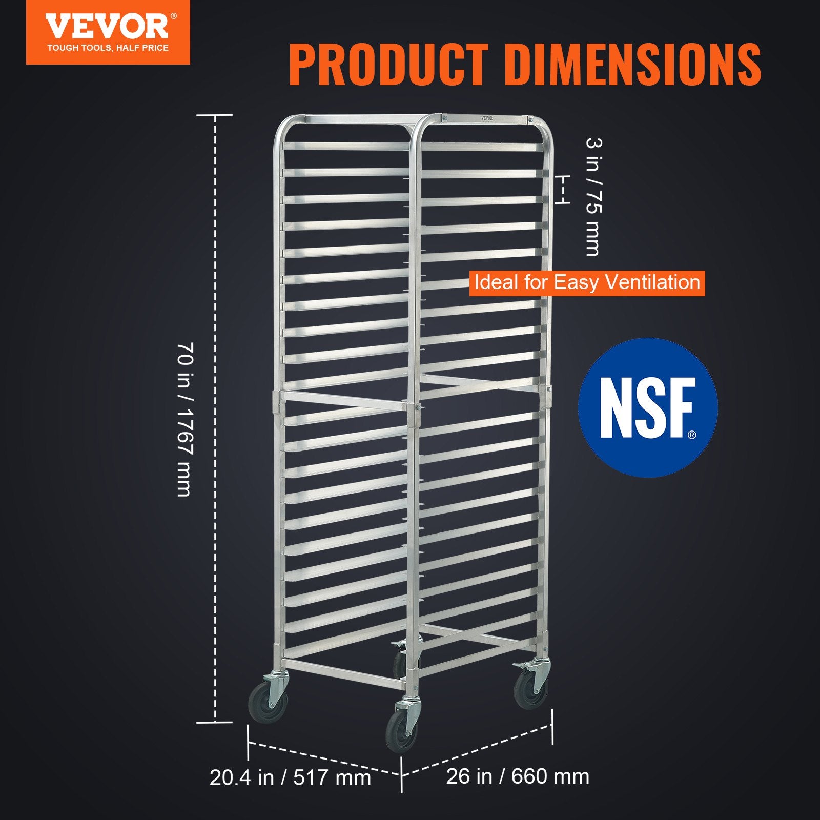 Bun Pan Rack, 20-Tier Commercial Bakery Racks with Brake Wheels, Aluminum Racking Trolley Storage for Half & V952-MBPJLZCCHC205PLL3V0