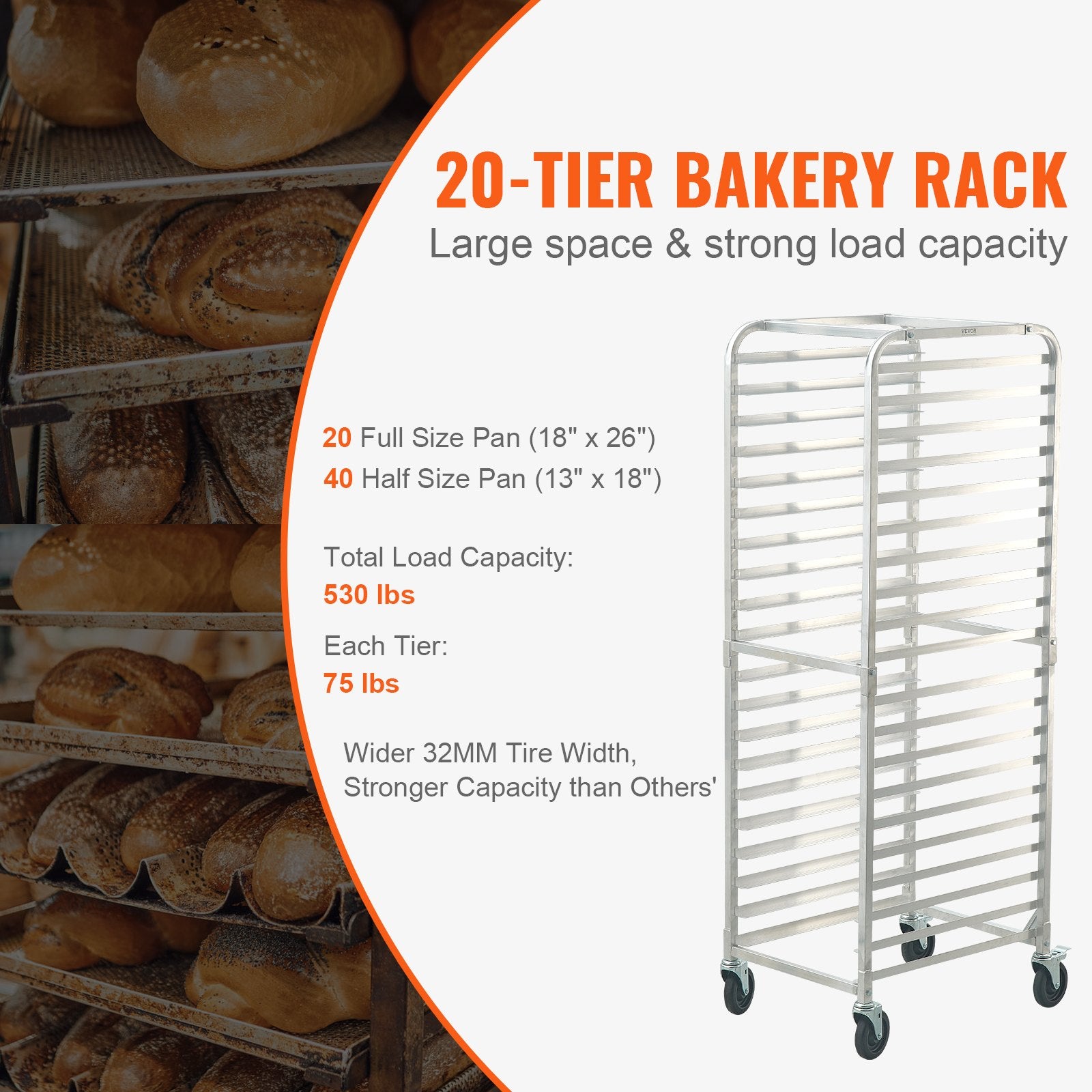 Bun Pan Rack, 20-Tier Commercial Bakery Racks with Brake Wheels, Aluminum Racking Trolley Storage for Half & V952-MBPJLZCCHC205PLL3V0