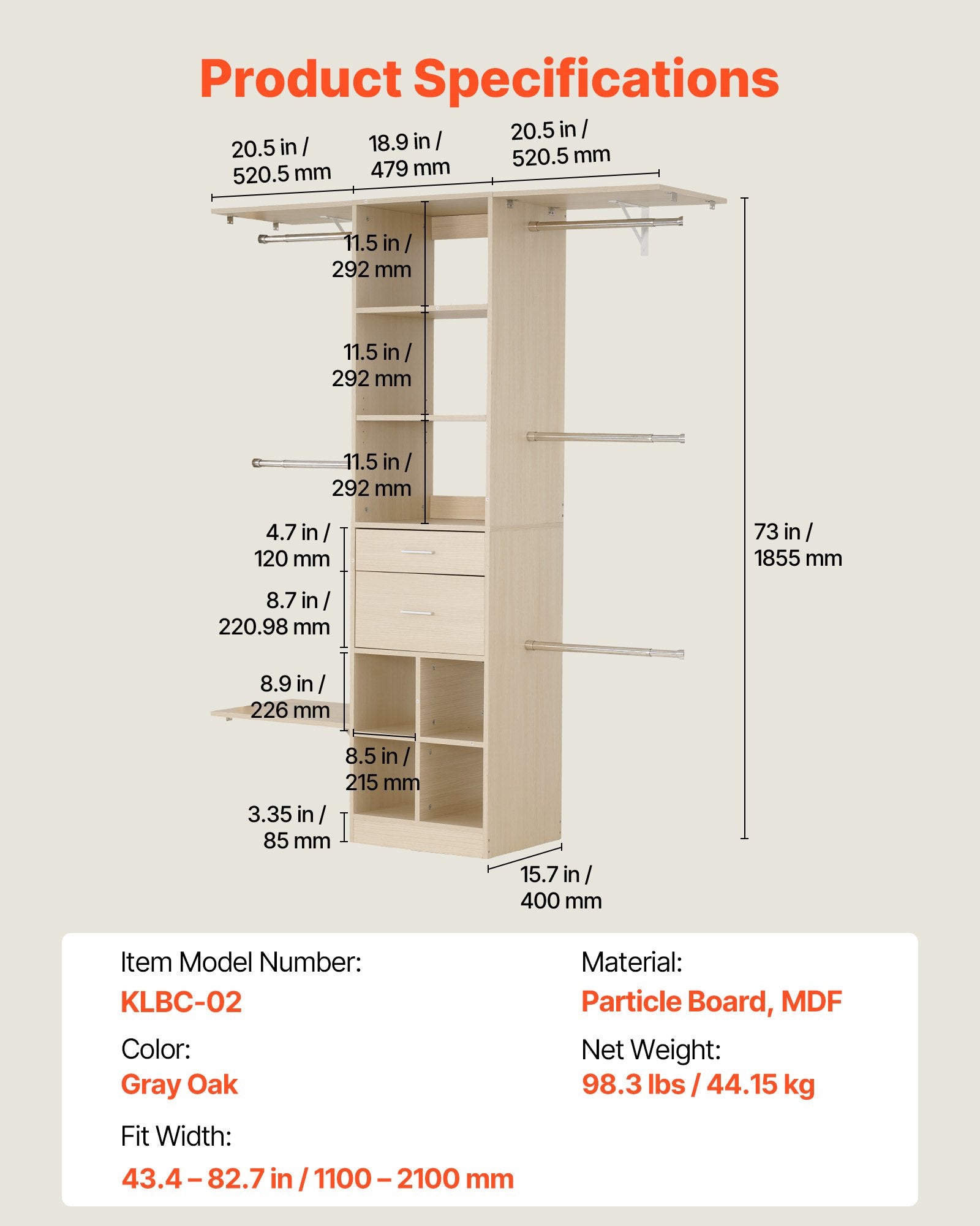 Closet System with 2 Drawers, Adjustable Height Wooden Closet Organizers, Modern Walk-in Wardrobe V952-MCBXTGBXTWDGFYZ1C001V0
