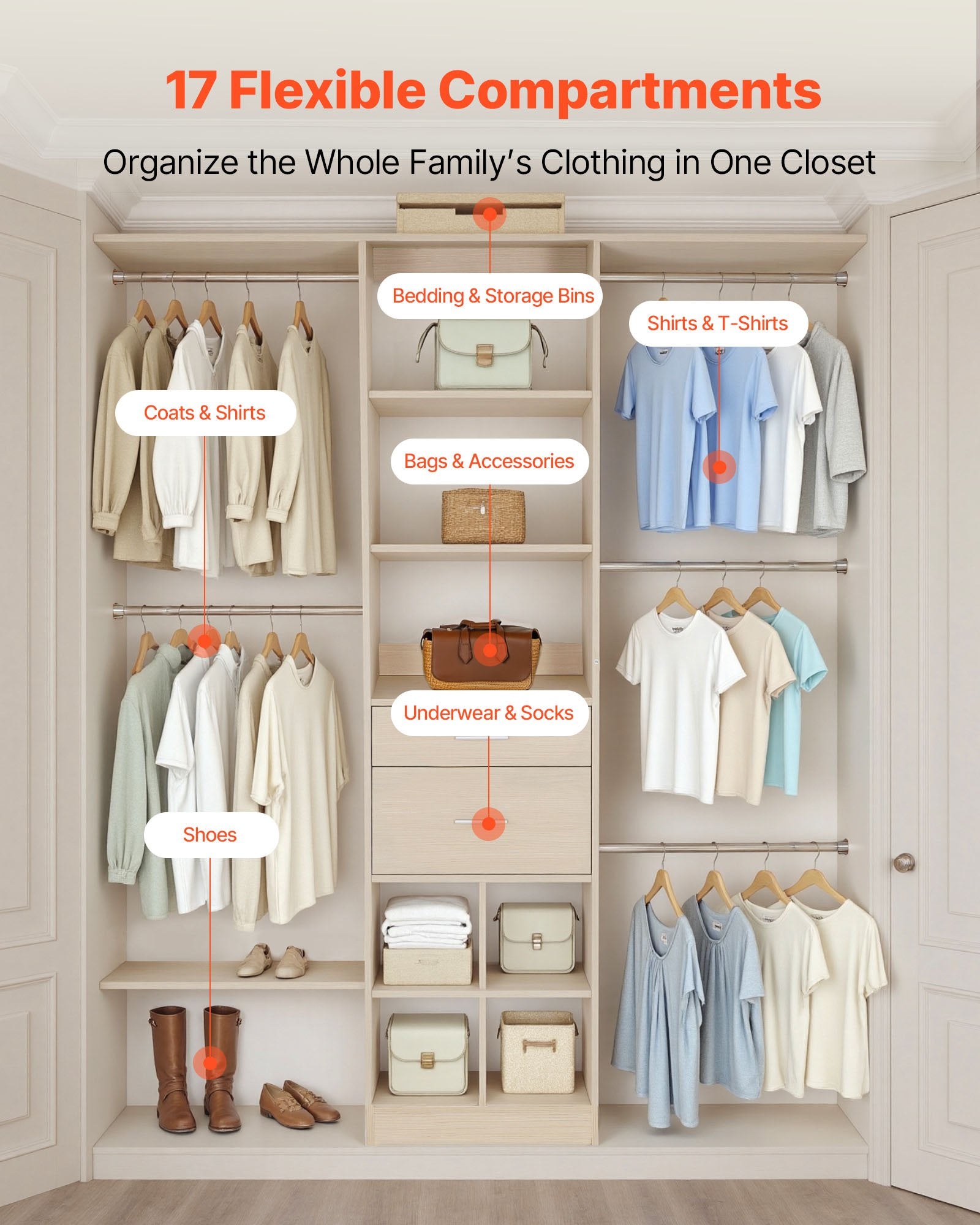 Closet System with 2 Drawers, Adjustable Height Wooden Closet Organizers, Modern Walk-in Wardrobe V952-MCBXTGBXTWDGFYZ1C001V0