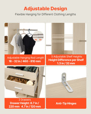 Closet System with 2 Drawers, Adjustable Height Wooden Closet Organizers, Modern Walk-in Wardrobe V952-MCBXTGBXTWDGFYZ1C001V0