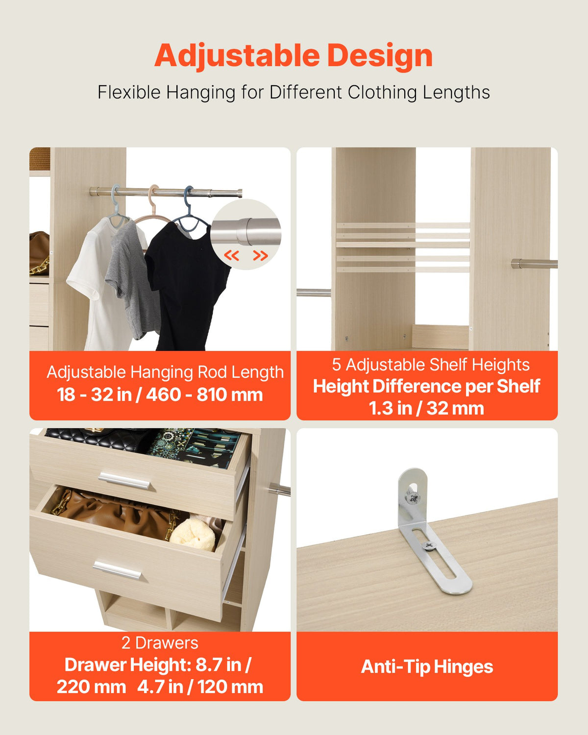 Closet System with 2 Drawers, Adjustable Height Wooden Closet Organizers, Modern Walk-in Wardrobe V952-MCBXTGBXTWDGFYZ1C001V0