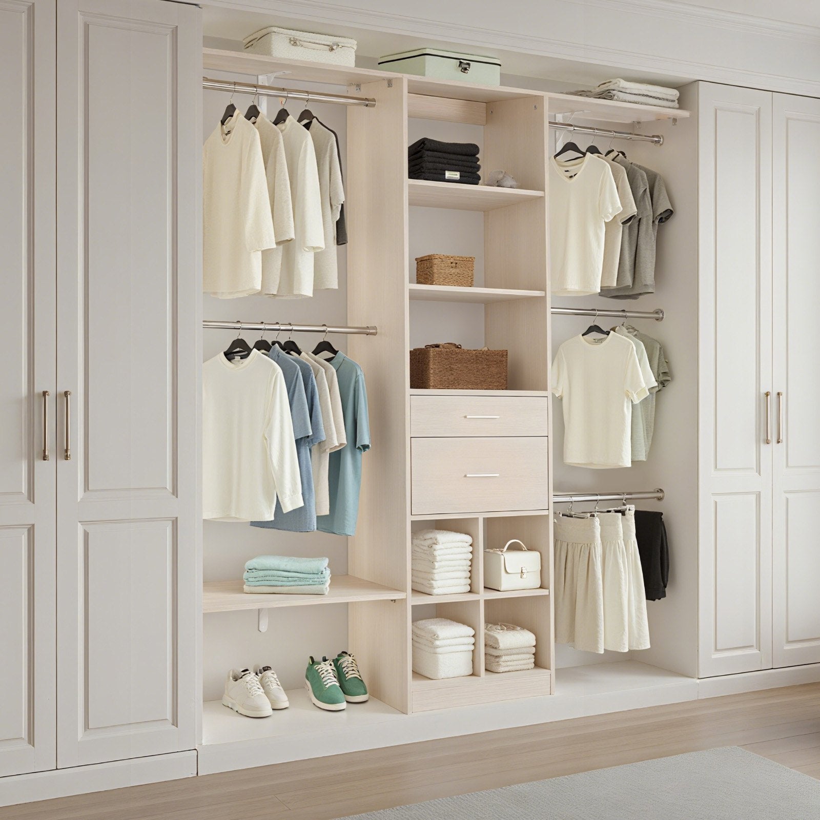 Closet System with 2 Drawers, Adjustable Height Wooden Closet Organizers, Modern Walk-in Wardrobe V952-MCBXTGBXTWDGFYZ1C001V0