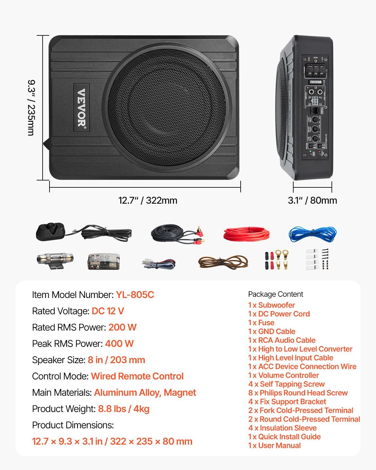 8" 400W Underseat Car Subwoofer, Slim Powered Car Subwoofers Under the Seat, Low Profile Audio Sub Built-in V952-MCXAZQCZYXDYQHTAXV9