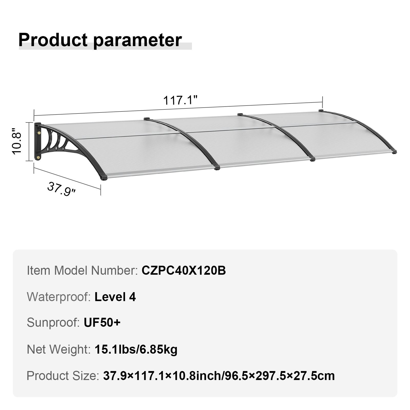 Window Door Awning Canopy, 965 x 2975mm Door Canopy Exterior, UF50+ PC Sunshade Sheet Awnings, Outdoor Patio V952-MCZYPYCB40120GZJNV0