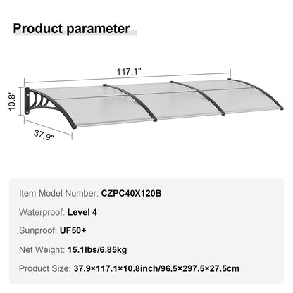 Window Door Awning Canopy, 965 x 2975mm Door Canopy Exterior, UF50+ PC Sunshade Sheet Awnings, Outdoor Patio V952-MCZYPYCB40120GZJNV0