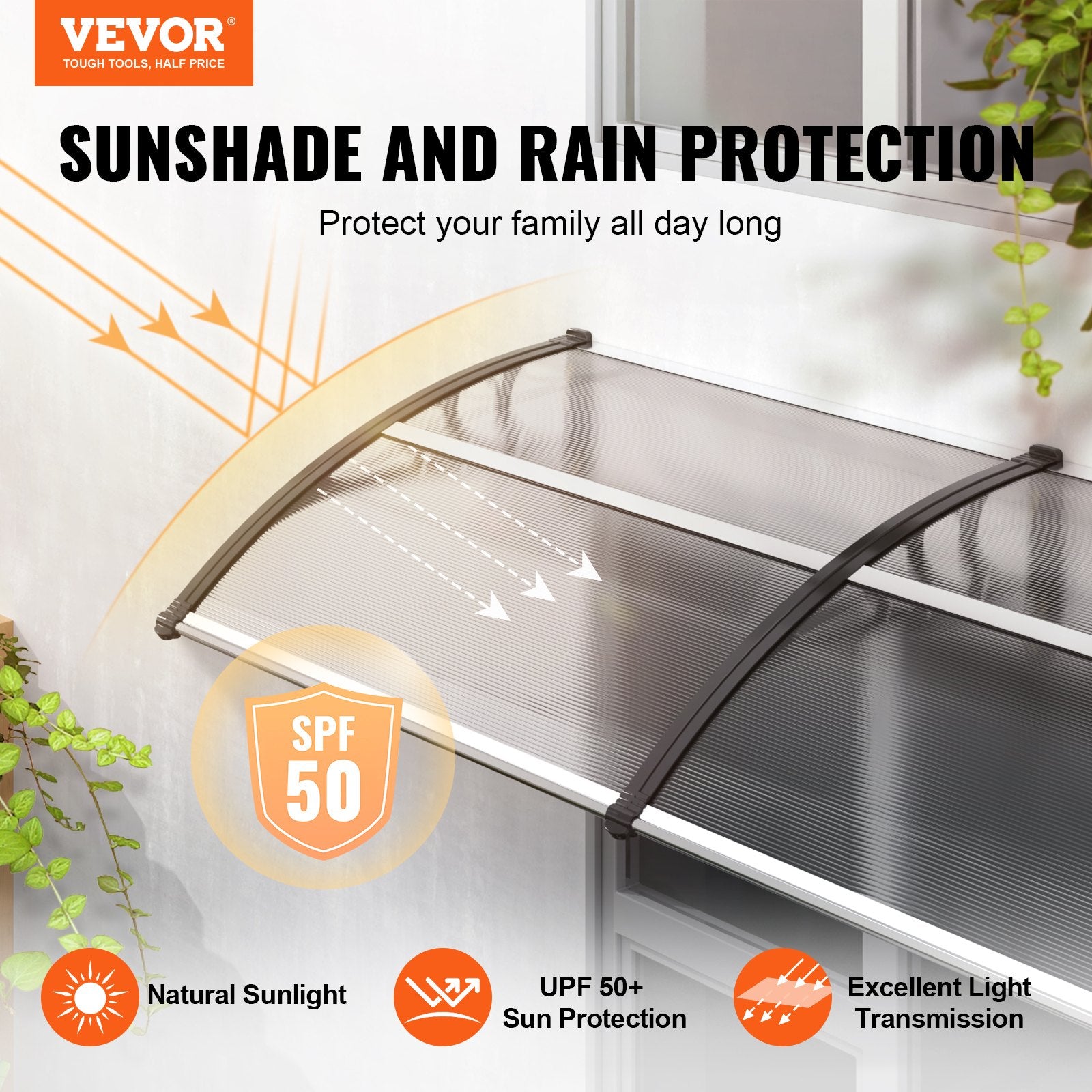 Window Door Awning Canopy 40" x 40", UPF 50+ Polycarbonate Entry Door Outdoor Window Awning Exterior, Front V952-MCZYPYCBS4040ML75V0
