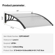 Window Door Awning Canopy 40" x 40", UPF 50+ Polycarbonate Entry Door Outdoor Window Awning Exterior, Front V952-MCZYPYCBS4040ML75V0