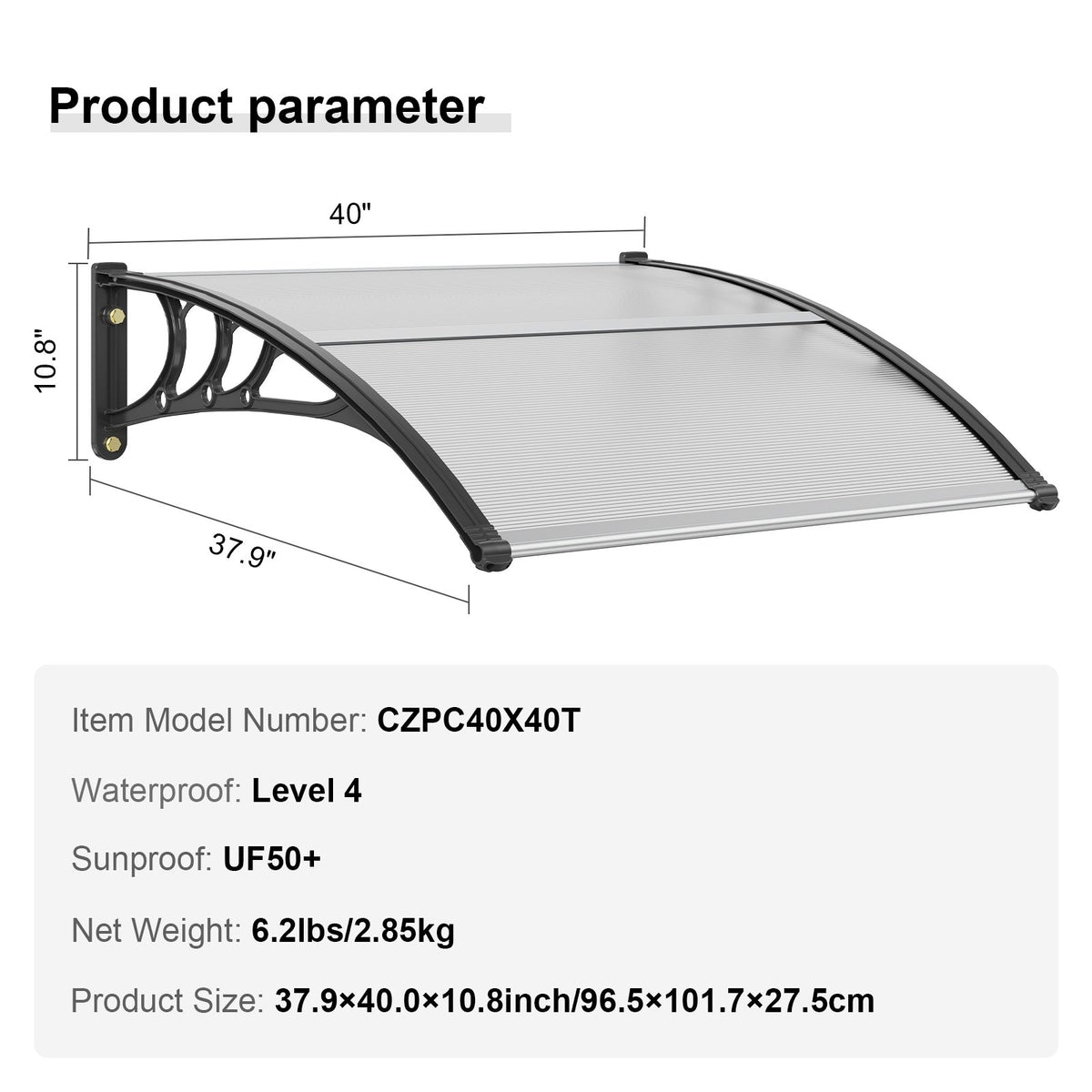 Window Door Awning Canopy 40" x 40", UPF 50+ Polycarbonate Entry Door Outdoor Window Awning Exterior, Front V952-MCZYPYCBS4040ML75V0
