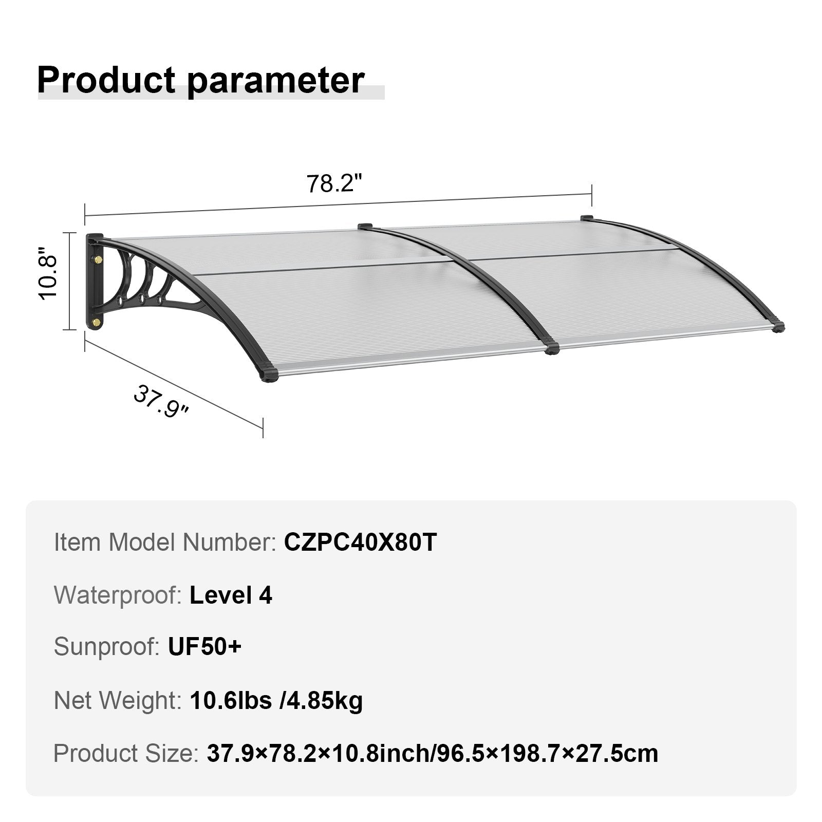 Window Door Awning Canopy 965 x 1987 mm, UPF 50+ Polycarbonate Entry Door Outdoor Window Awning Exterior, V952-MCZYPYCBS4080JUOZV0