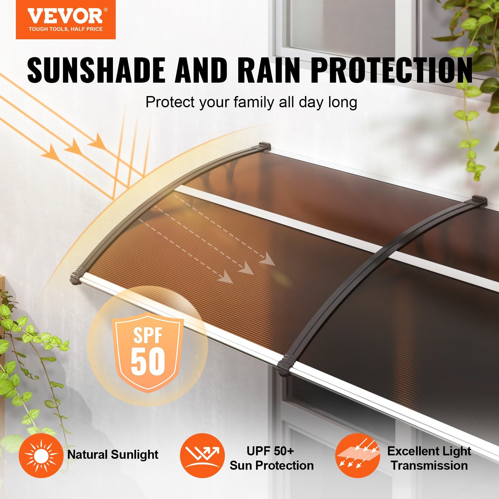 Window Door Awning Canopy 965 x 1987 mm, UPF 50+ Polycarbonate Entry Door Outdoor Window Awning Exterior, V952-MCZYPYCZS4080TPECV0