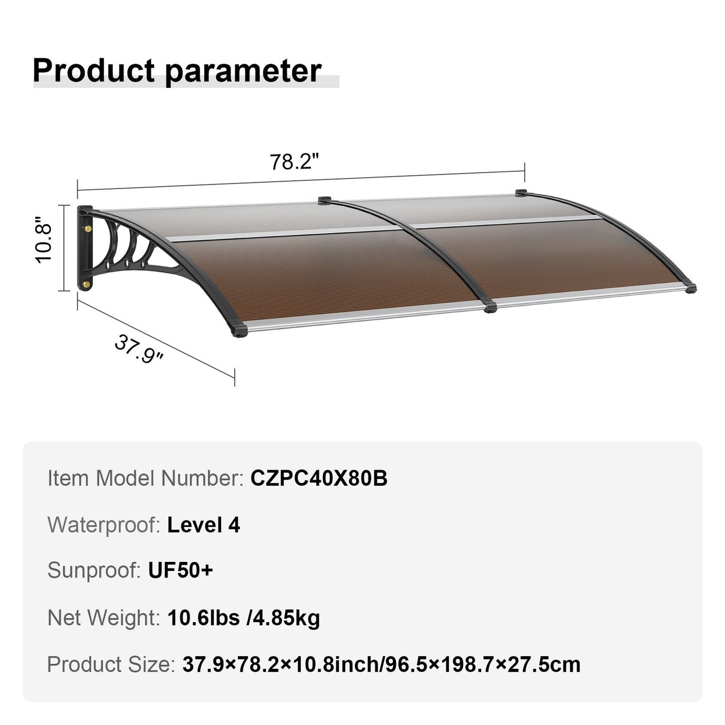 Window Door Awning Canopy 965 x 1987 mm, UPF 50+ Polycarbonate Entry Door Outdoor Window Awning Exterior, V952-MCZYPYCZS4080TPECV0