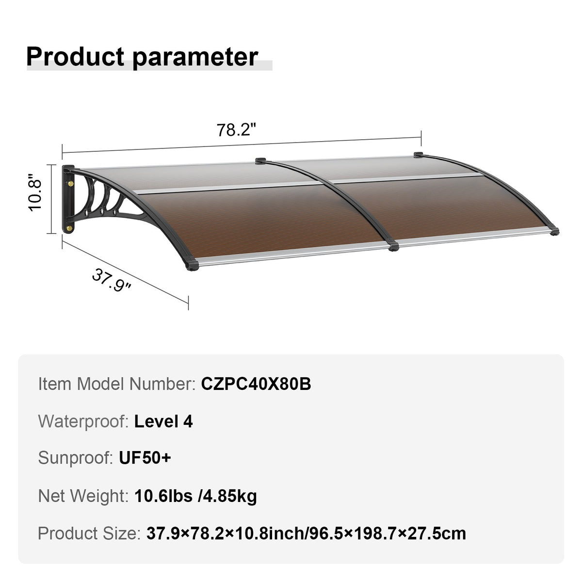 Window Door Awning Canopy 965 x 1987 mm, UPF 50+ Polycarbonate Entry Door Outdoor Window Awning Exterior, V952-MCZYPYCZS4080TPECV0