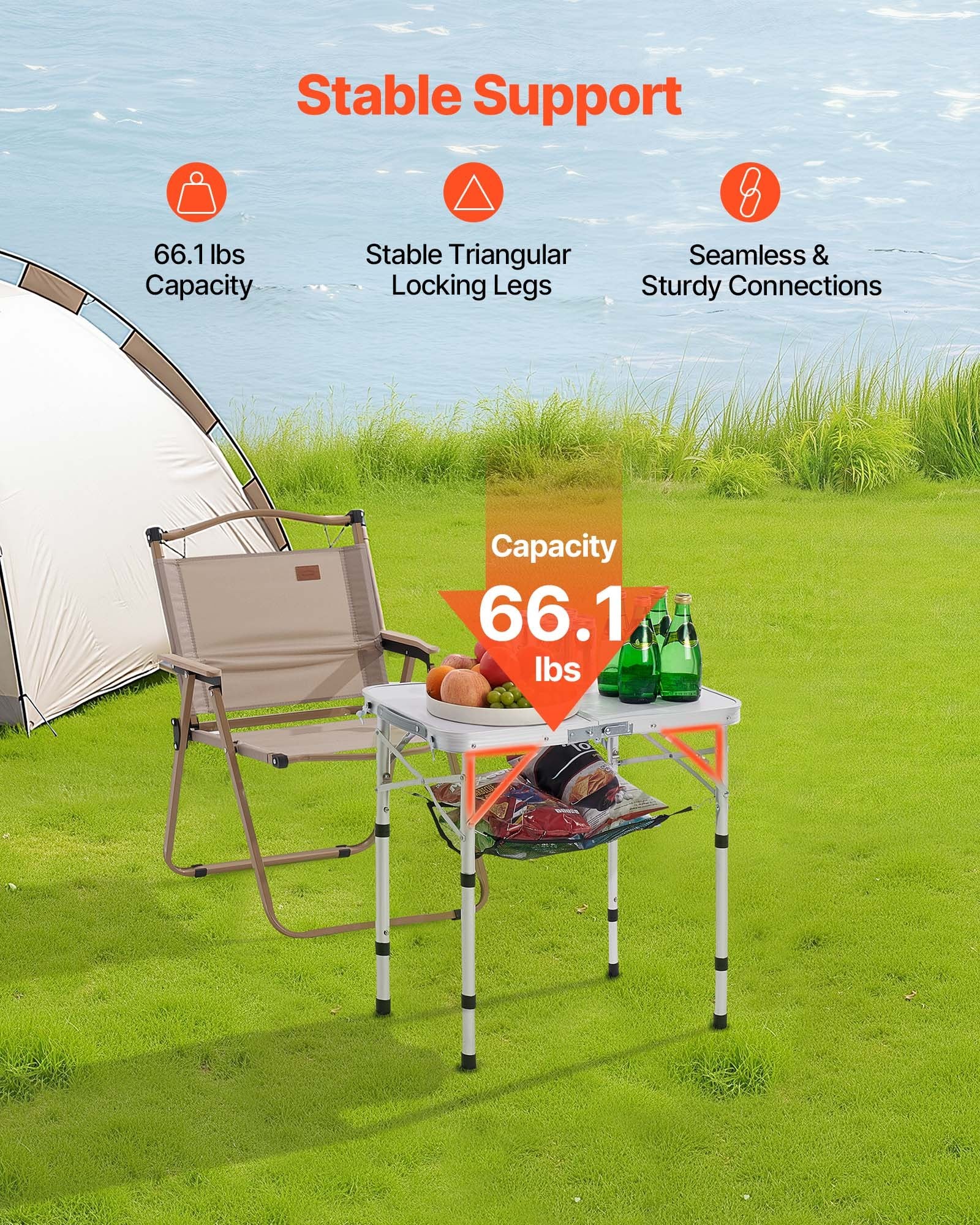 Folding Camping Table, Adjustable Height Portable Side Tables, Aluminum MDF Beach Table with Mesh Layer, V952-MDBKHWZDZ24Y0Q4P4001V0