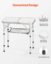Folding Camping Table, Adjustable Height Portable Side Tables, Aluminum MDF Beach Table with Mesh Layer, V952-MDBKHWZDZ24Y0Q4P4001V0