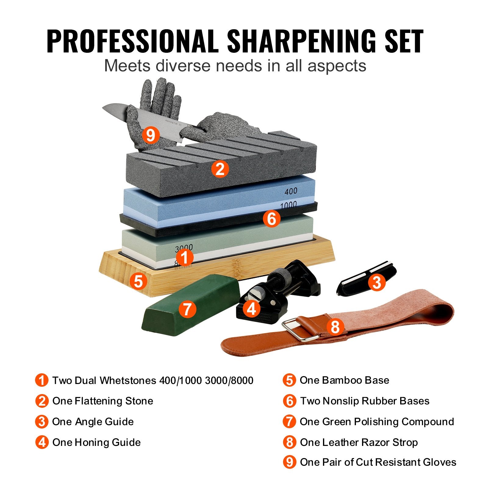 Whetstone Knife Sharpening Kit, 2 Dual-Sided Grit Whetstones 400/1000 3000/8000, 10PCS Knife Sharpener Kit V952-MDSTJ28000003OVJSV0