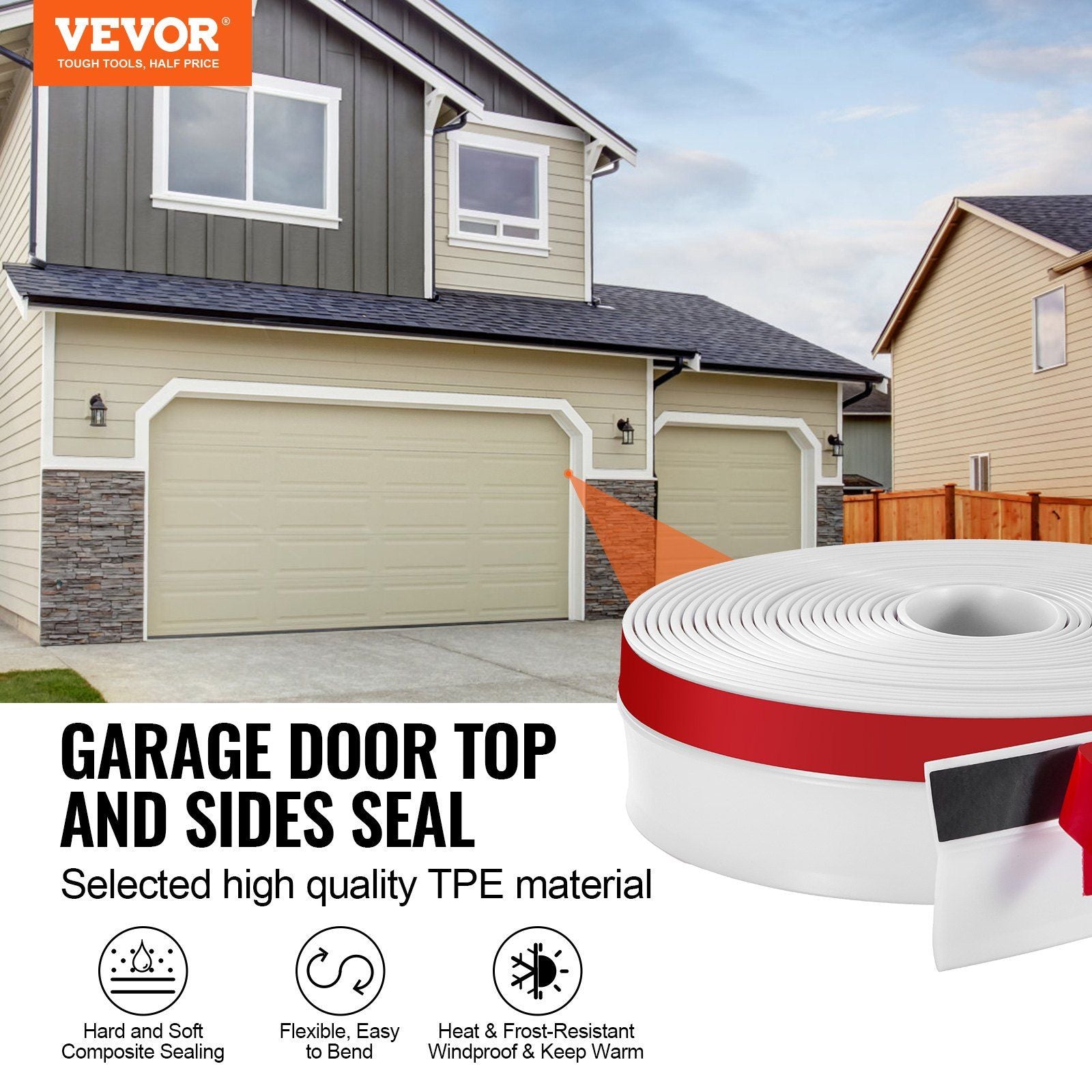 Garage Door Seal Top and Sides Seal Strip, 34 FT Universal Weather Stripping Replacement Soft and Hard V952-MFT1J34FTDBJENC7NV0