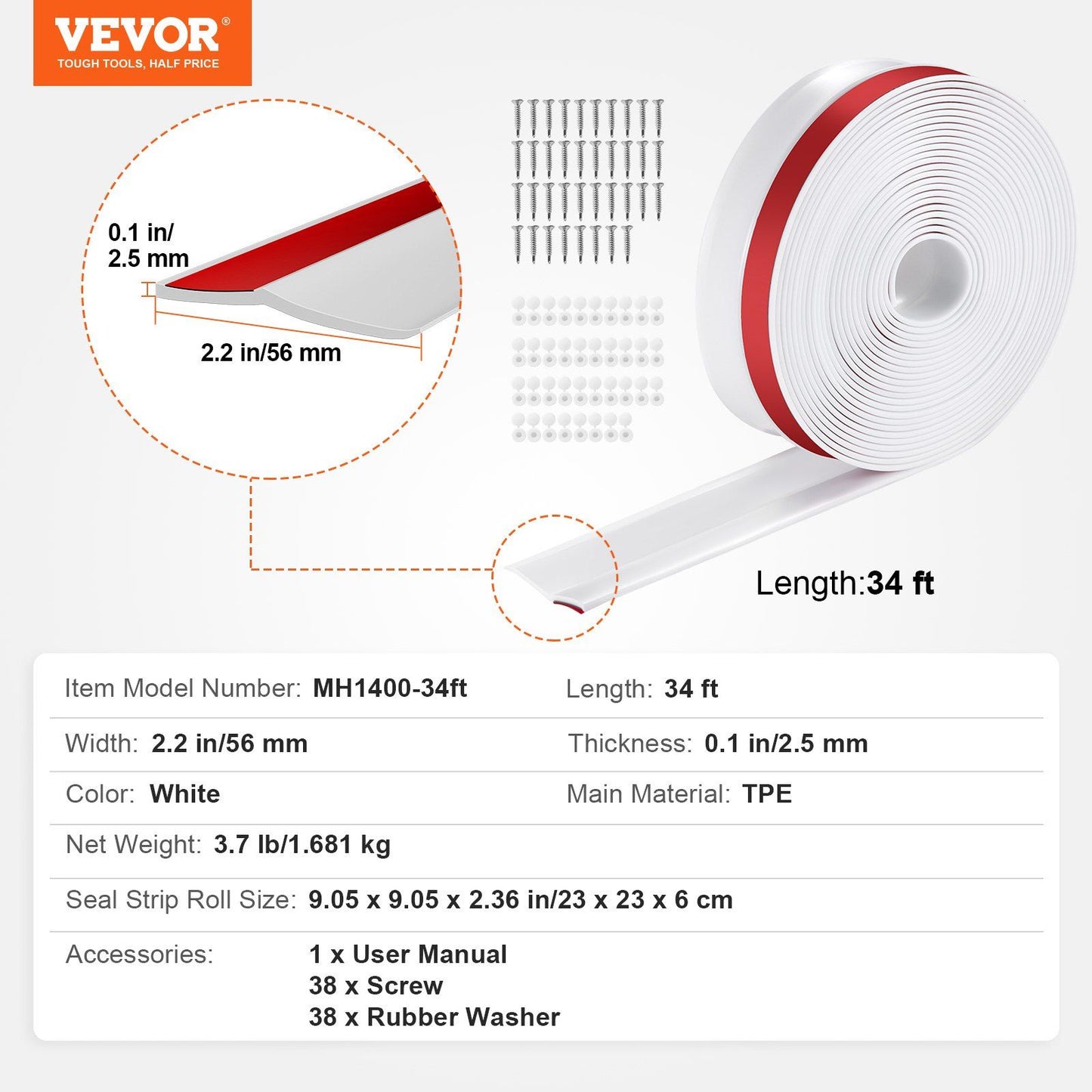 Garage Door Seal Top and Sides Seal Strip, 34 FT Universal Weather Stripping Replacement Soft and Hard V952-MFT1J34FTDBJENC7NV0