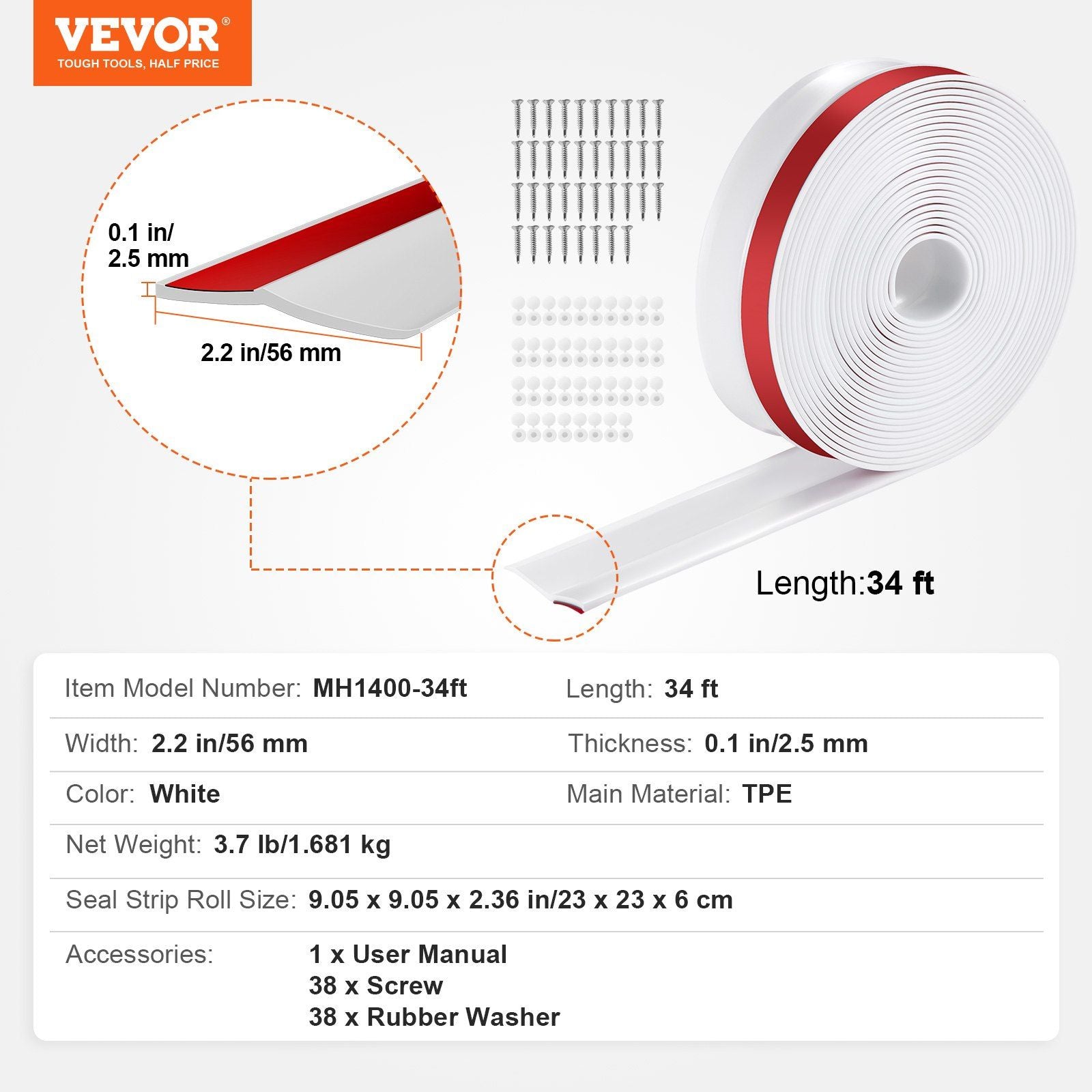 Garage Door Seal Top and Sides Seal Strip, 34 FT Universal Weather Stripping Replacement Soft and Hard V952-MFT1J34FTDBJENC7NV0