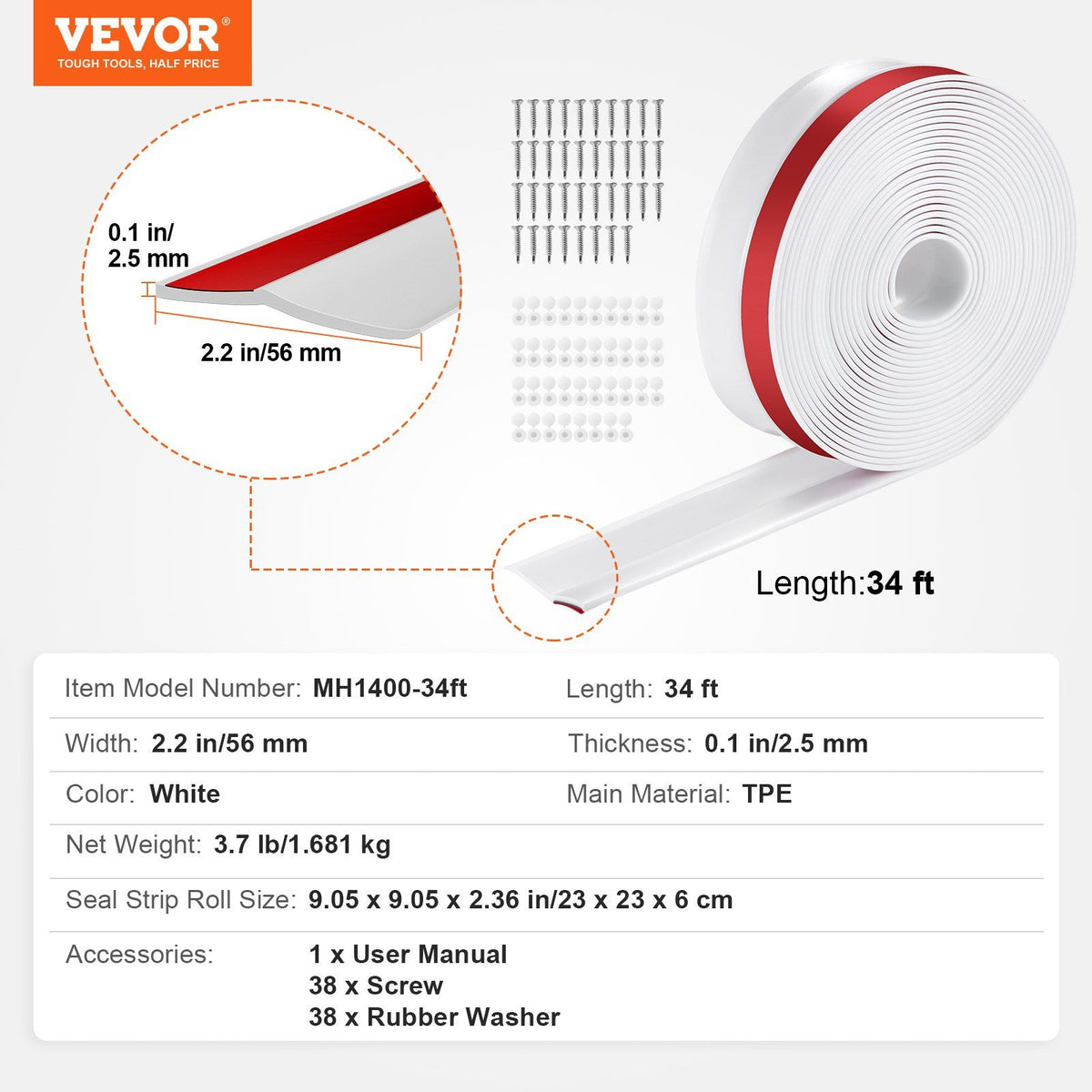 Garage Door Seal Top and Sides Seal Strip, 34 FT Universal Weather Stripping Replacement Soft and Hard V952-MFT1J34FTDBJENC7NV0