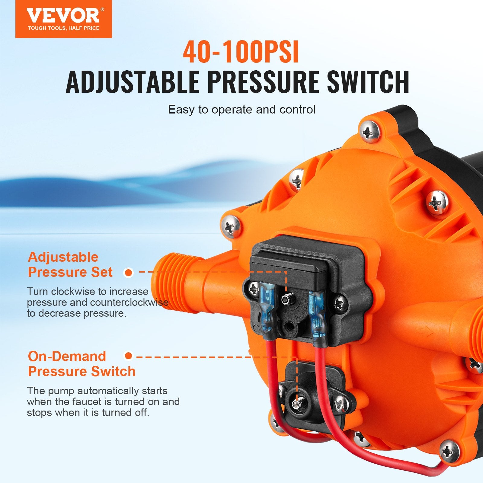 Water Diaphragm Pump, 20.8 LPM Flow, 4.8 bar Rated Pressure (2.8-6.9 bar Adjustable), 12.7 mm MNPT Self V952-MG12V570PSI12969RV0