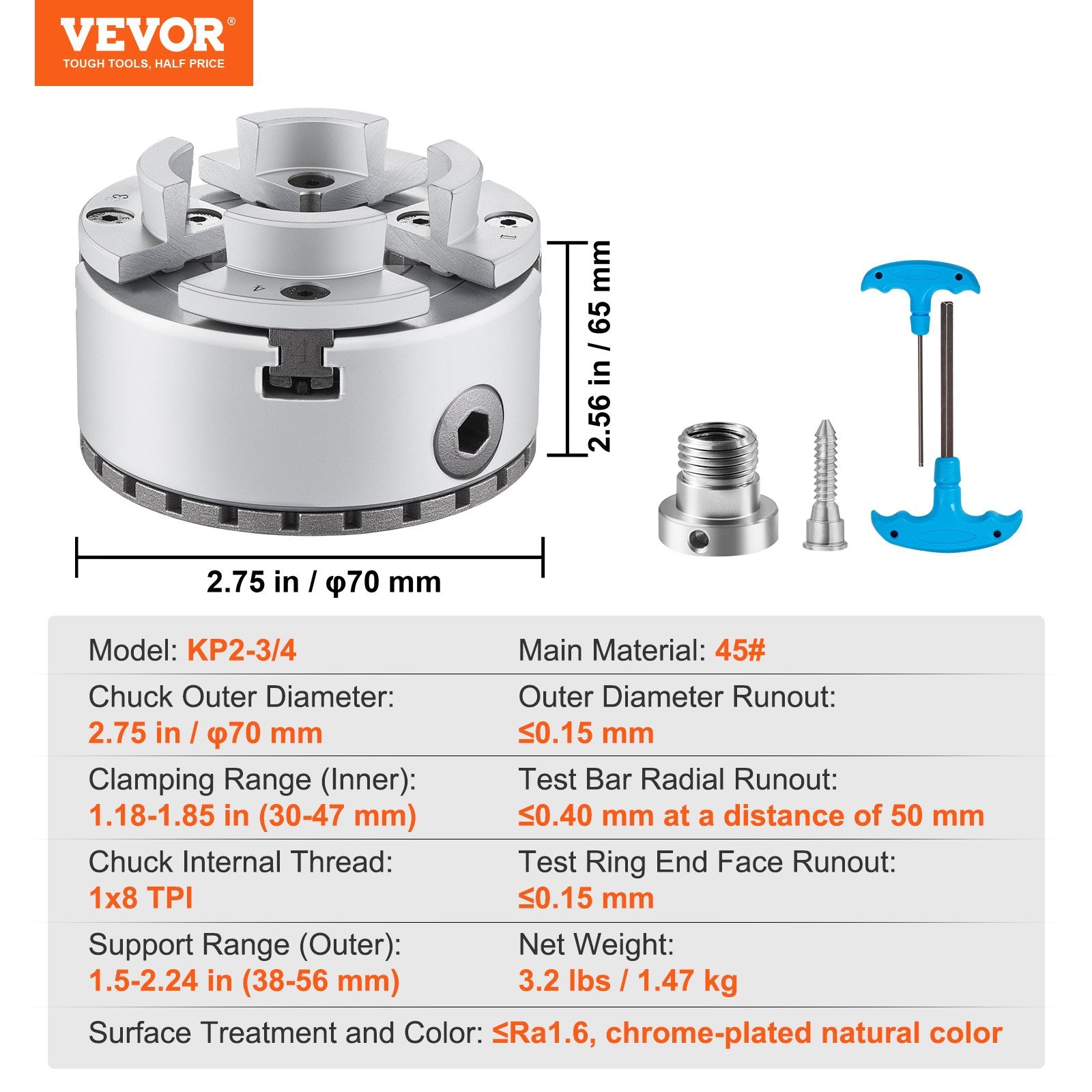 KP2-3/4 Lathe Chuck, 4-Jaw 70 mm Diameter, Metal Lathe Chuck Turning Machine Accessories, Self-centering V952-MGCCKP275YC0517OZV0