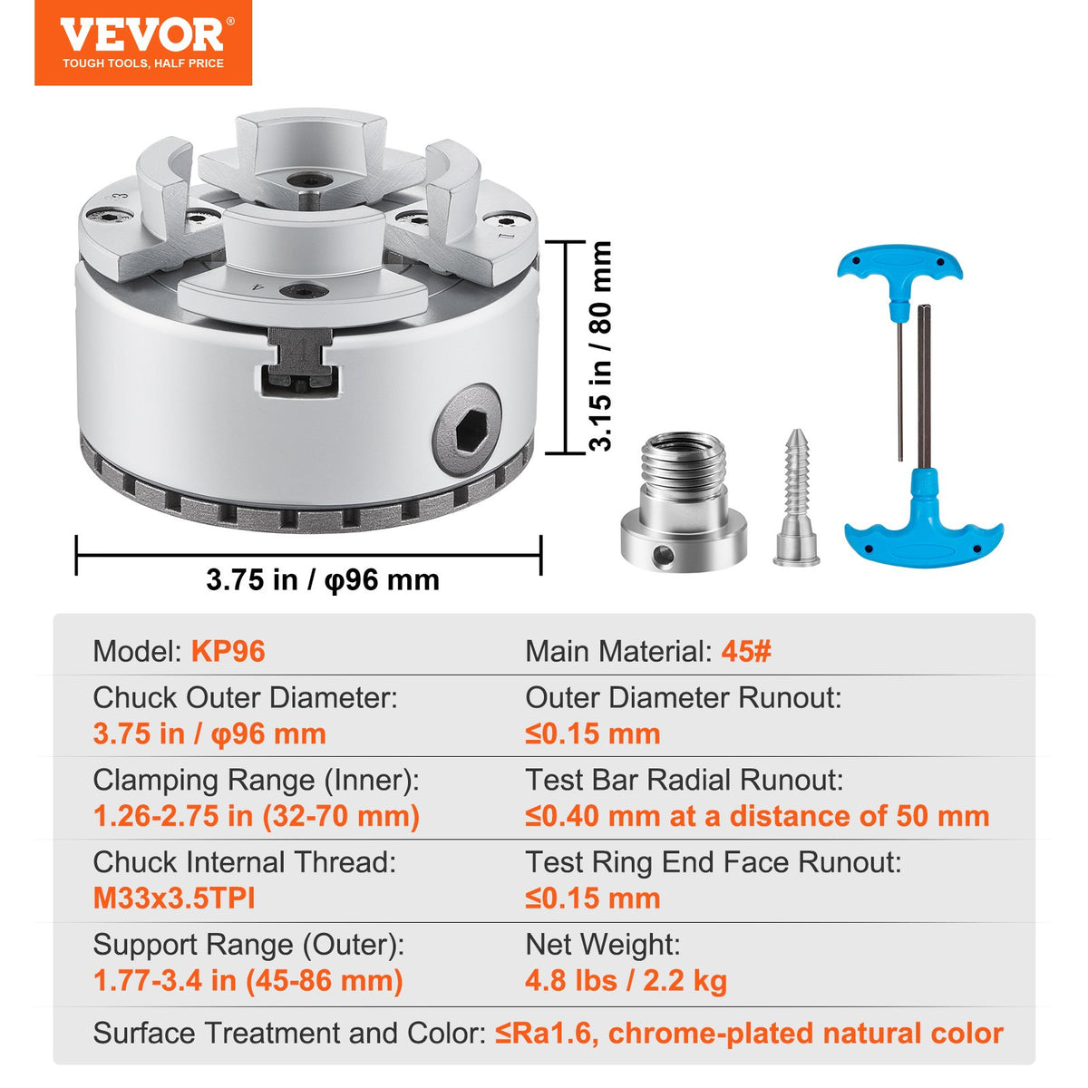 KP96 Lathe Chuck, 4-Jaw 96 mm Diameter, Metal Lathe Chuck Turning Machine Accessories, Self-centering Tool, V952-MGCCKP375YC0FQLQ0V0