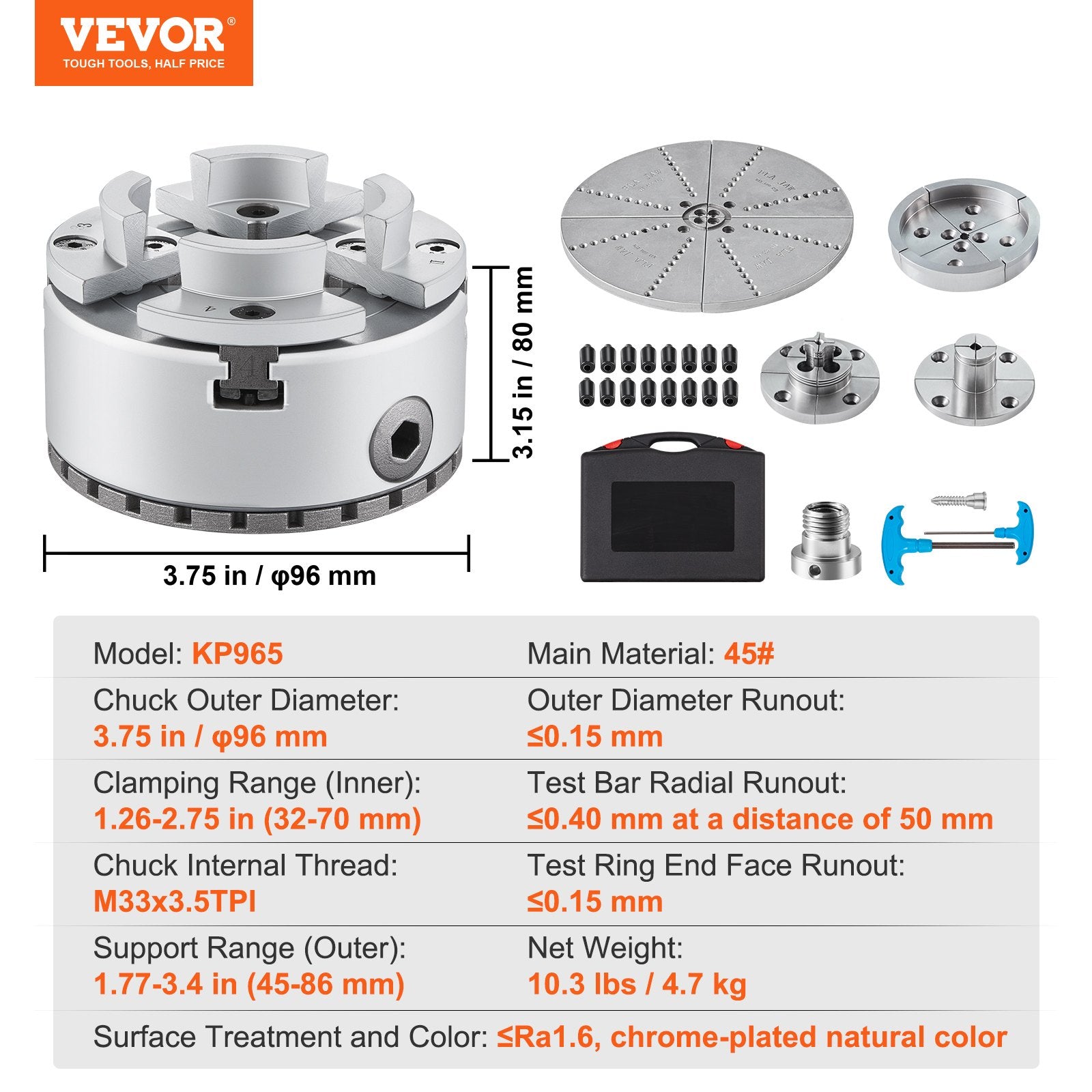 KP965 Lathe Chuck, 4-Jaw 96 mm Diameter, Metal Lathe Chuck Turning Machine Accessories with 5 Sets of Jaws, V952-MGCCKPTZ375YV7TVVV0