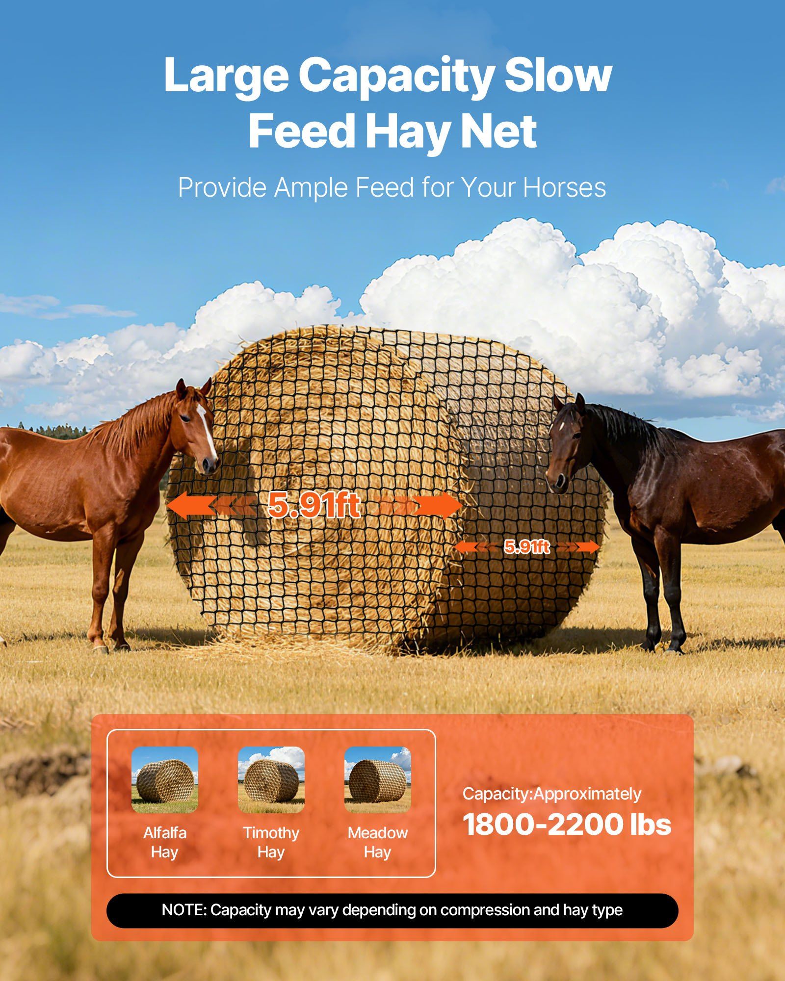 Round Bale Hay Net, 1.8 x 1.8 x 1.8 m, 38.1 x 38.1 mm Holes, PE Material, Knotless Design, with Zip Ties, V952-MGCWXWYWJW669QY4O001V0