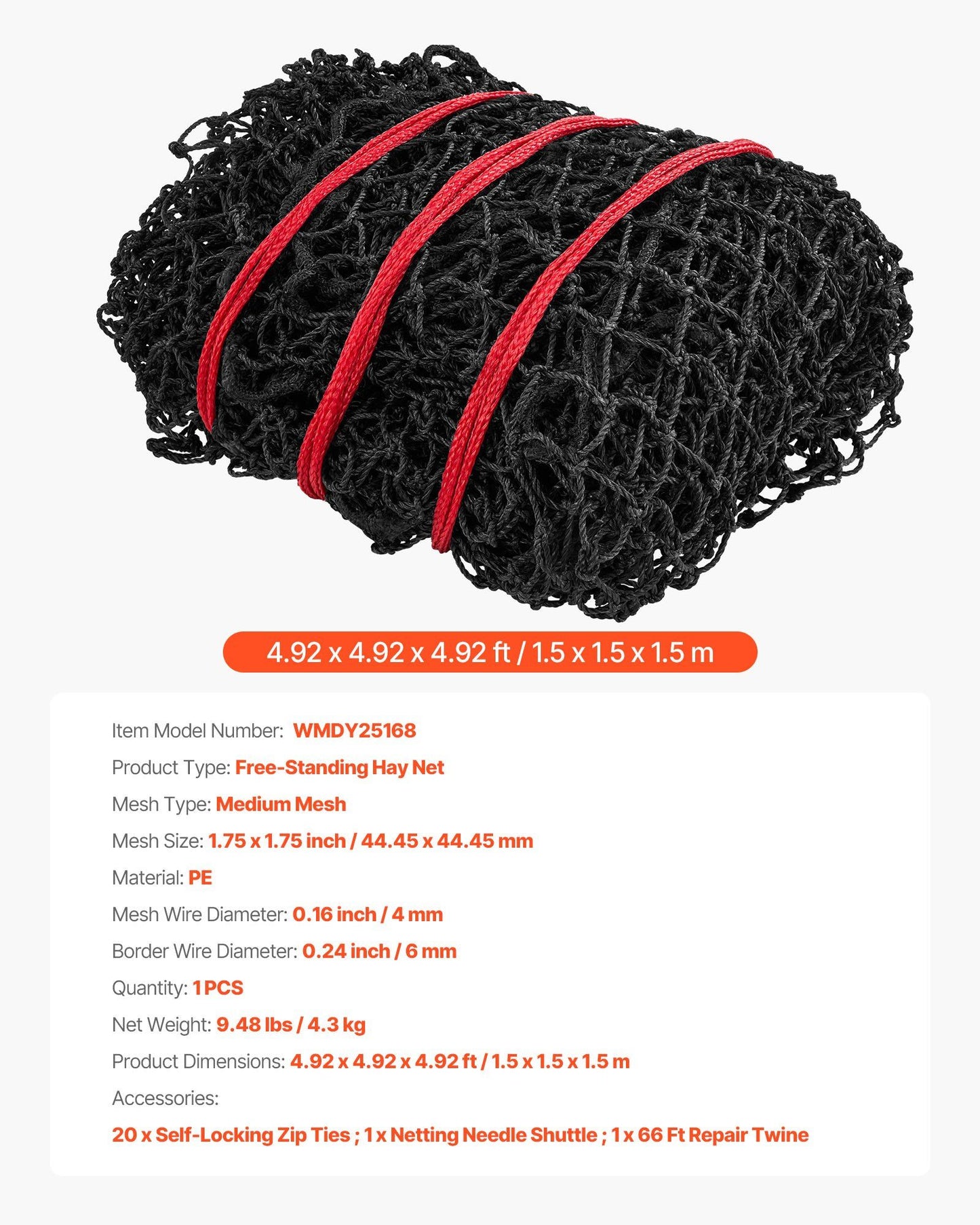 Round Bale Hay Net, 1.5 x 1.5 x 1.5 m, 44.45 x 44.45 mm Holes, PE Material, Reinforced Knotted Design, with V952-MGCWZWYYJW55TJWBB001V0