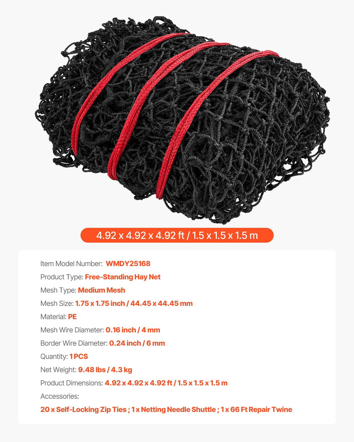 Round Bale Hay Net, 1.5 x 1.5 x 1.5 m, 44.45 x 44.45 mm Holes, PE Material, Reinforced Knotted Design, with V952-MGCWZWYYJW55TJWBB001V0
