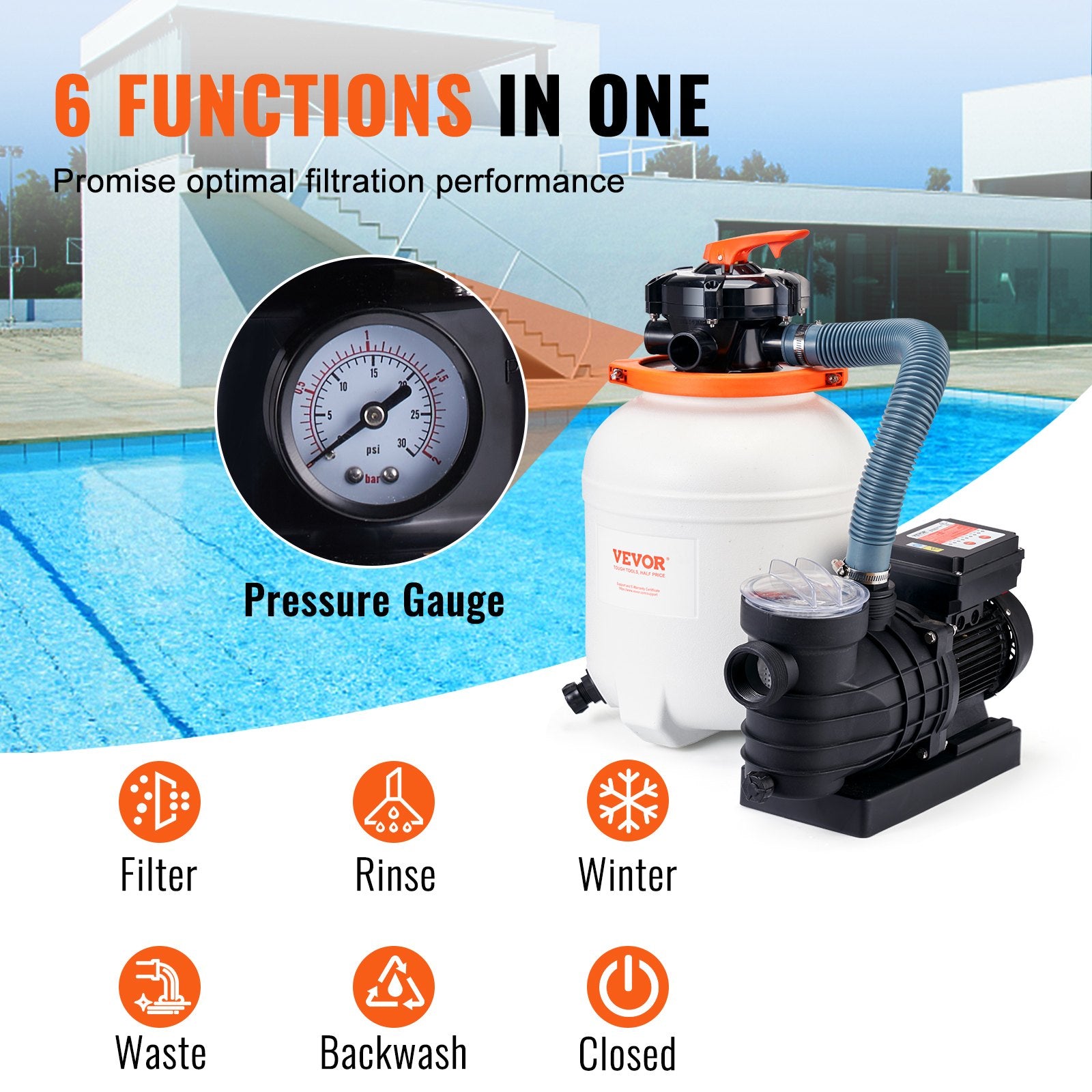 Sand Filter Above Ground with 285W Pool Pump 10,000 L/H Flow 6-Way Valve V952-MGYCSLBYCTFDG4UYPV3