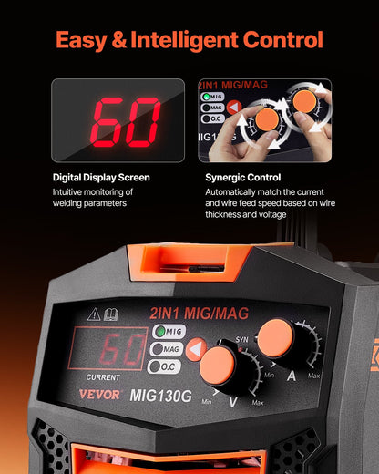 MIG Welder, 130A Synergic Mig Welding Machine, 2-in-1 Gas MIG/Gasless Flux Core MIG Multi-Process Welder V952-MIGYXHJ2H113A5ZGSV3