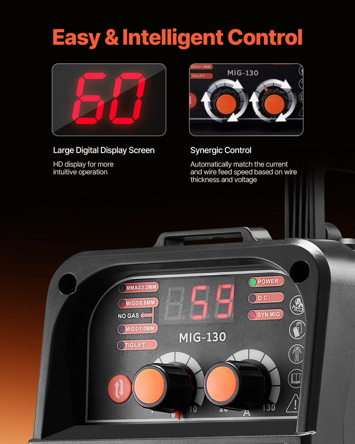 MIG Welder, 130Amp Synergic Mig Welding Machine, 3-in-1 Flux Core MIG/Stick/Lift TIG Multi-Process Welder V952-MIGYXHJ3H113QH258V3