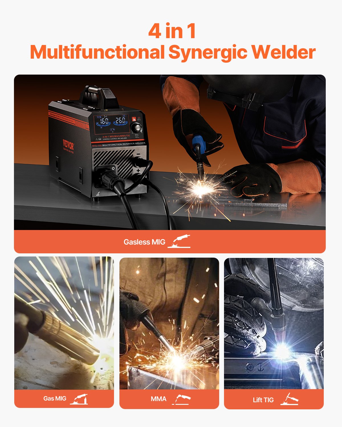MIG Welder, 160A Synergic Mig Welding Machine, 4-in-1 Gas MIG/Flux Core MIG/Stick/Lift TIG Multi-Process V952-MIGYXHJ4H1165KC80V3