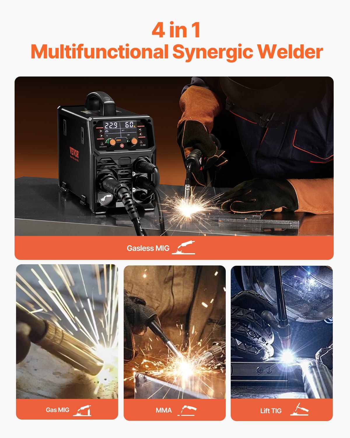 MIG Welder, 200A Synergic Mig Welding Machine, 4-in-1 Gas MIG/Flux Core MIG/Stick/Lift TIG Multi-Process V952-MIGYXHJ4H120SMGZBV3