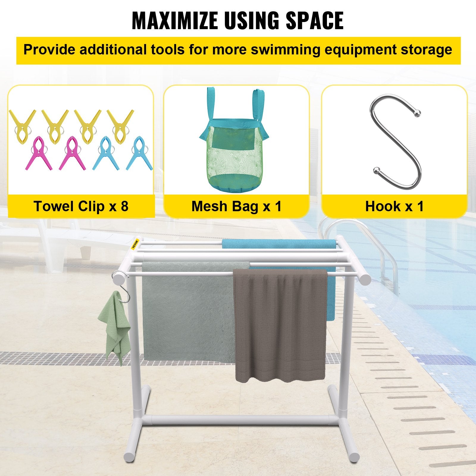 Pool Towel Rack, 5 Bar, White, Freestanding Outdoor PVC T-Shape Poolside Storage Organizer, Include 8 Towel V952-MJJBSGZXGBDD5JAP7V0