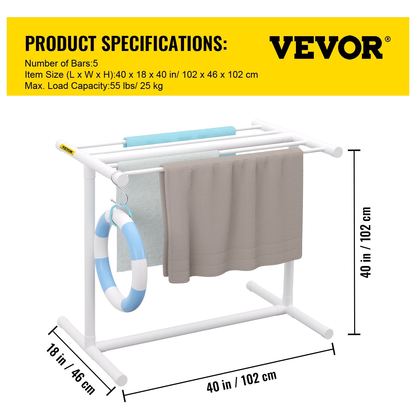 Pool Towel Rack, 5 Bar, White, Freestanding Outdoor PVC T-Shape Poolside Storage Organizer, Include 8 Towel V952-MJJBSGZXGBDD5JAP7V0