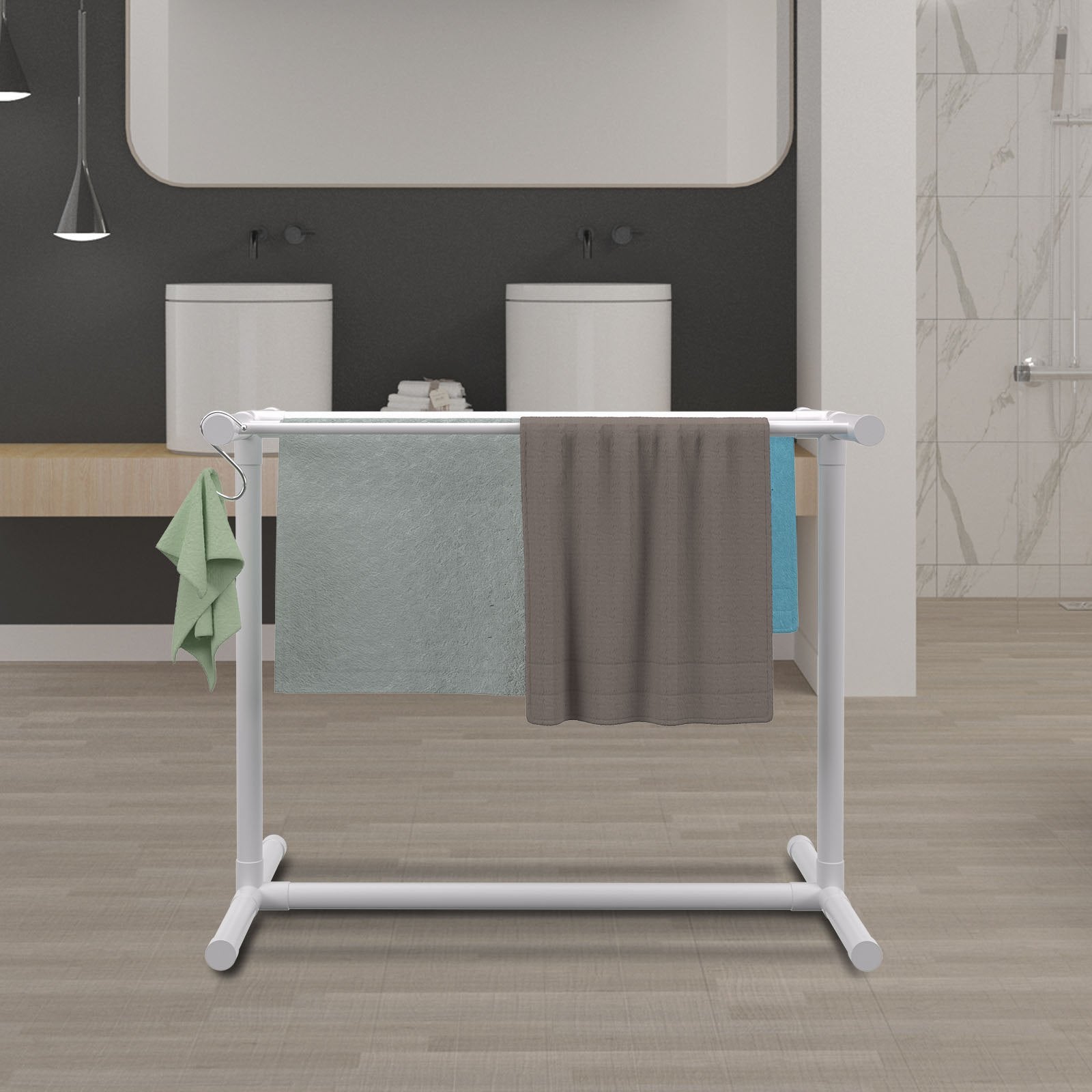 Pool Towel Rack, 5 Bar, White, Freestanding Outdoor PVC T-Shape Poolside Storage Organizer, Include 8 Towel V952-MJJBSGZXGBDD5JAP7V0