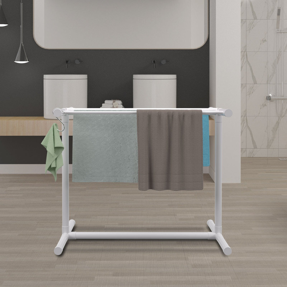 Pool Towel Rack, 5 Bar, White, Freestanding Outdoor PVC T-Shape Poolside Storage Organizer, Include 8 Towel V952-MJJBSGZXGBDD5JAP7V0