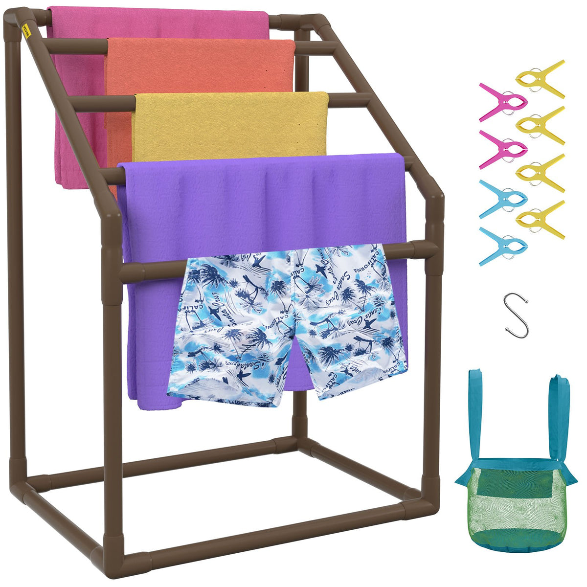 Pool Towel Rack, 5 Bar, Brown, Freestanding Outdoor PVC Trapedozal Poolside Storage Organizer, Include 8 V952-MJJZSTXGBDDW5DYL3V0