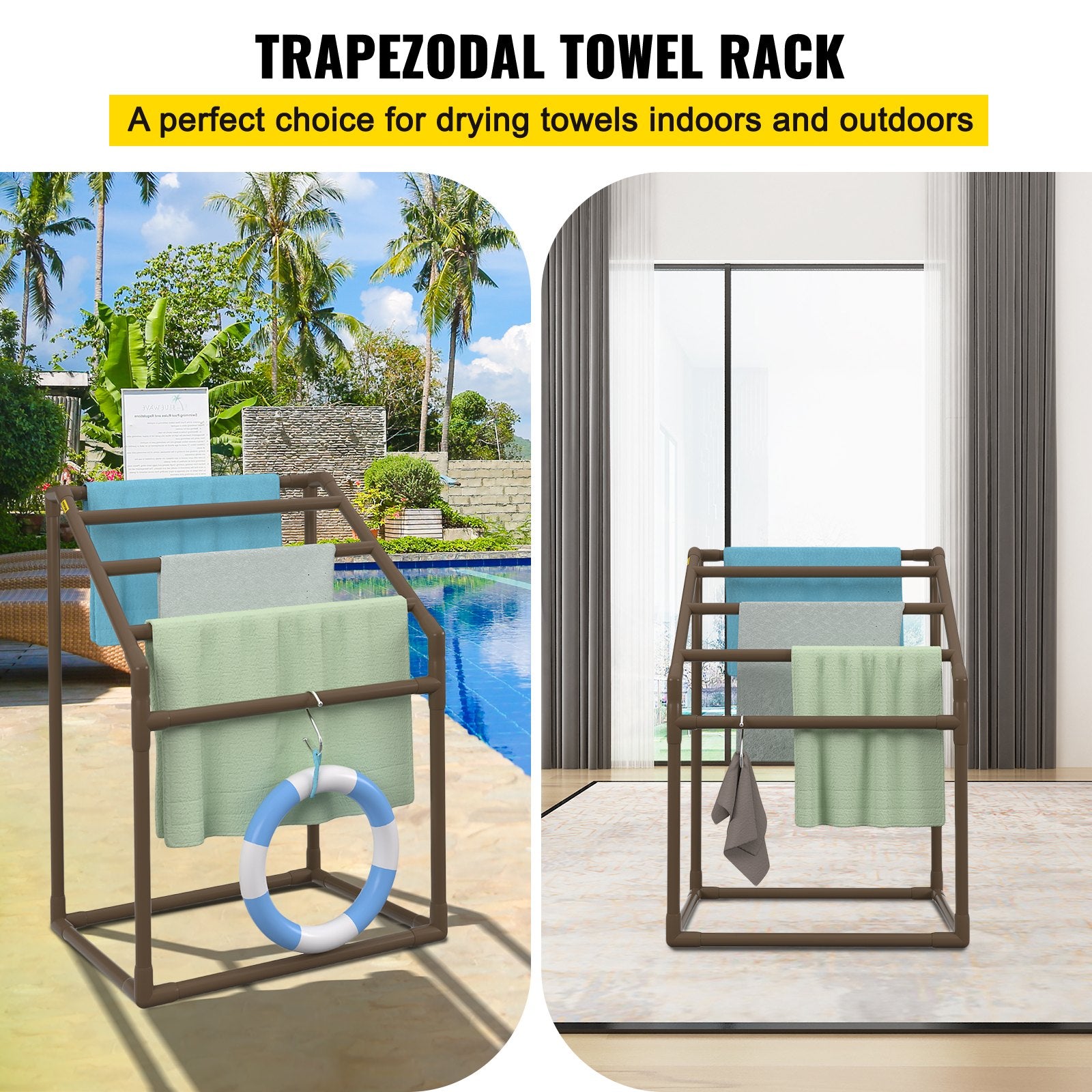 Pool Towel Rack, 5 Bar, Brown, Freestanding Outdoor PVC Trapedozal Poolside Storage Organizer, Include 8 V952-MJJZSTXGBDDW5DYL3V0