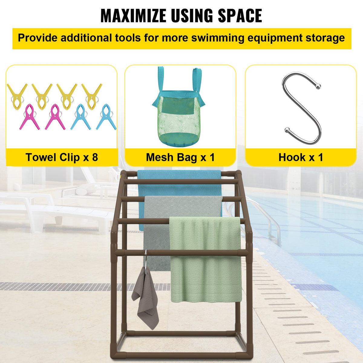 Pool Towel Rack, 5 Bar, Brown, Freestanding Outdoor PVC Trapedozal Poolside Storage Organizer, Include 8 V952-MJJZSTXGBDDW5DYL3V0